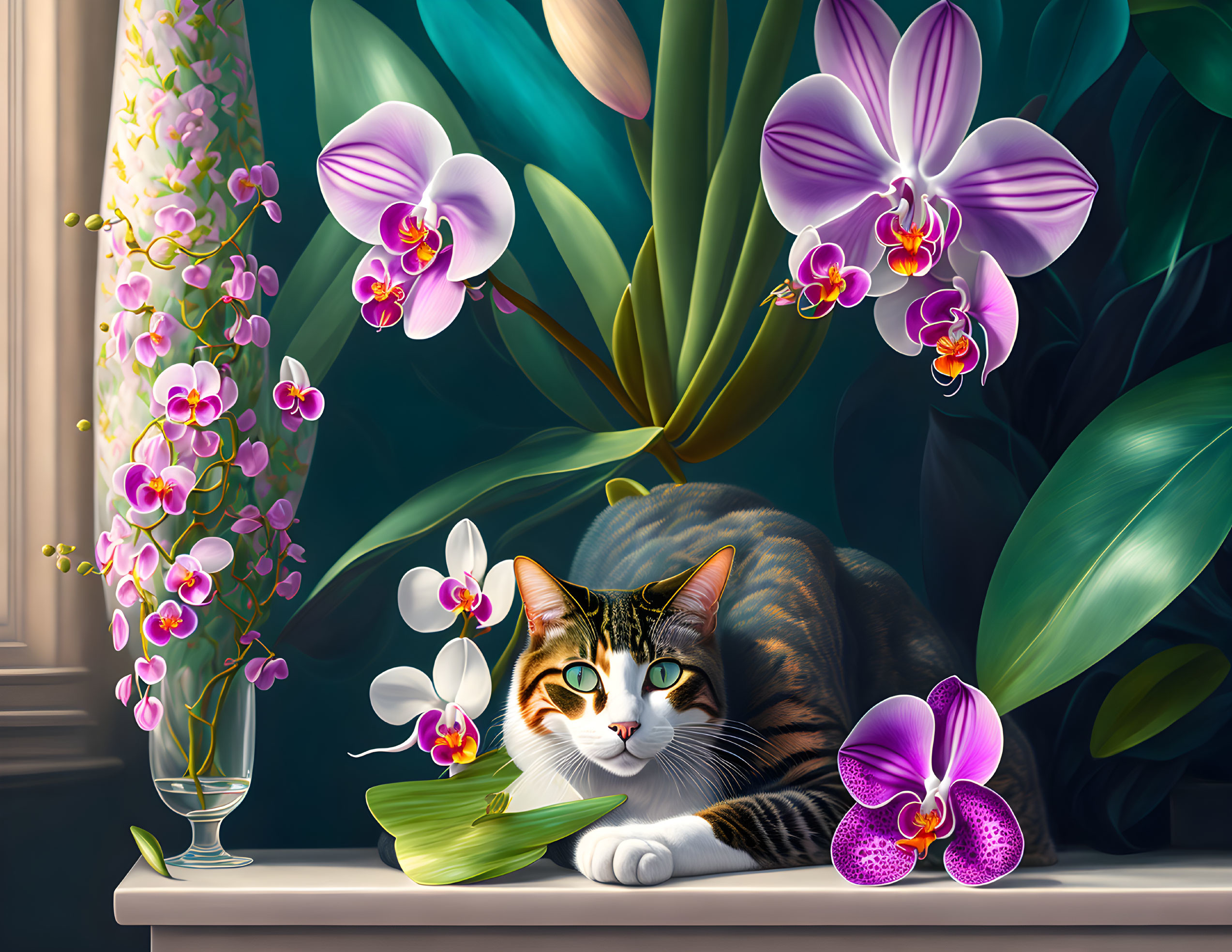 Cat relaxing on windowsill surrounded by vibrant orchids and sunlight.