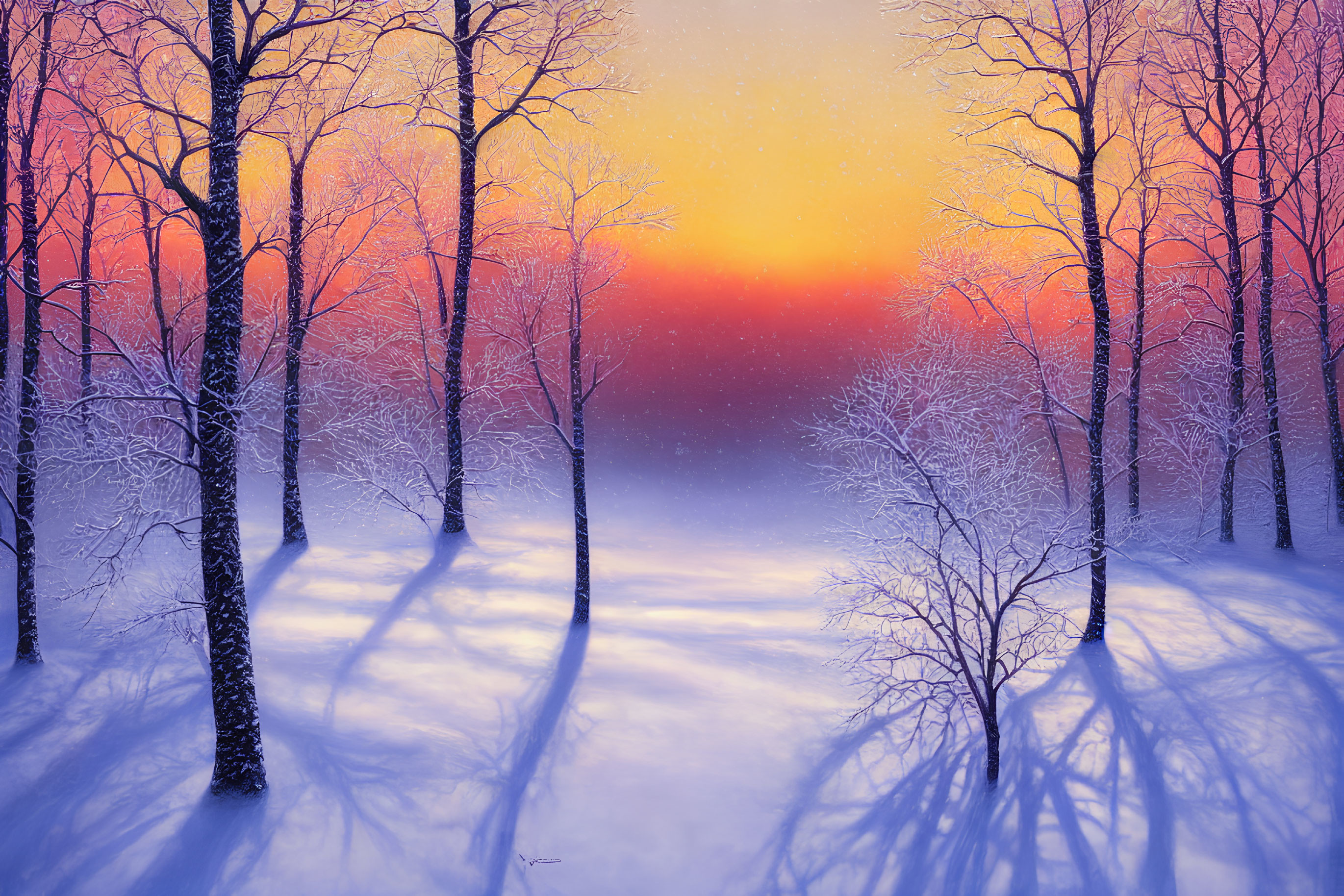 Snow-covered trees in vibrant sunset sky over tranquil winter forest