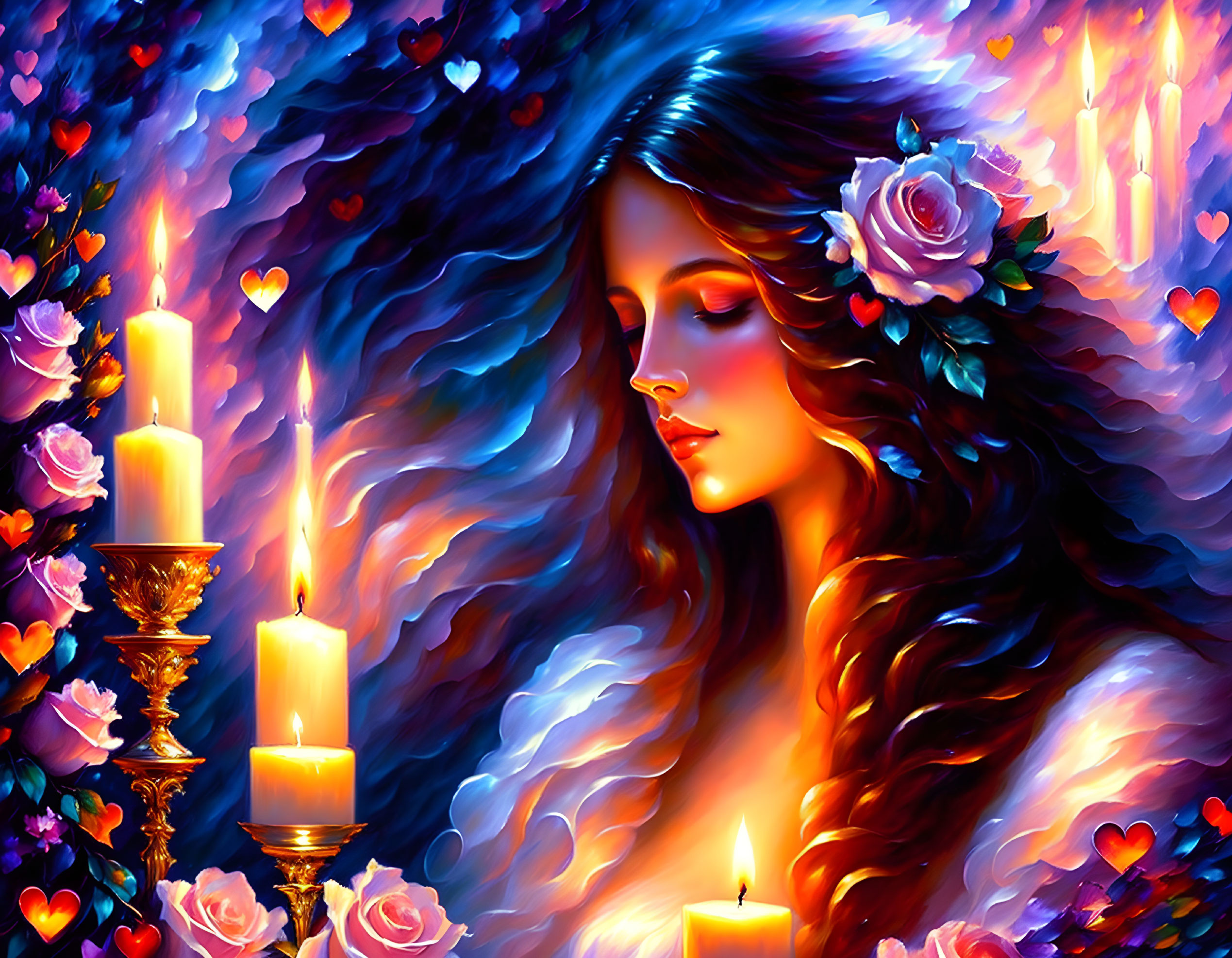 Digital painting of woman with flowing hair and roses, surrounded by candles and hearts