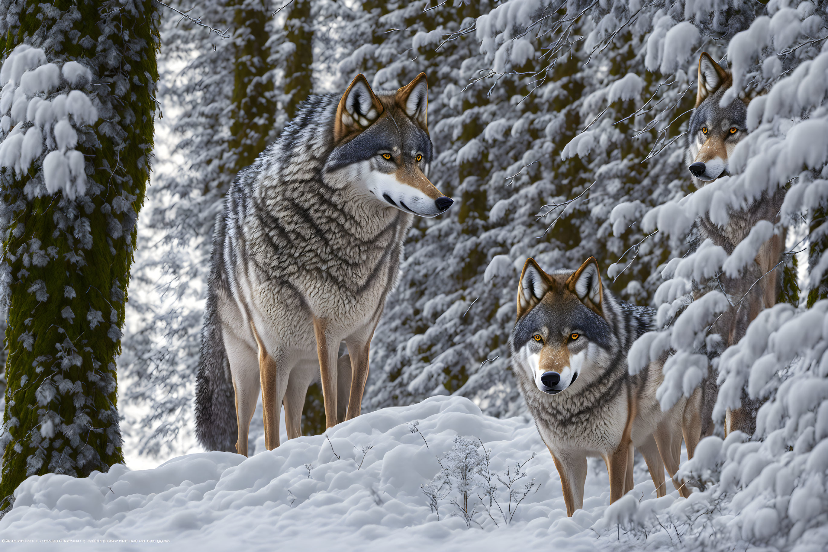 Three wolves in snowy forest with snow-covered trees