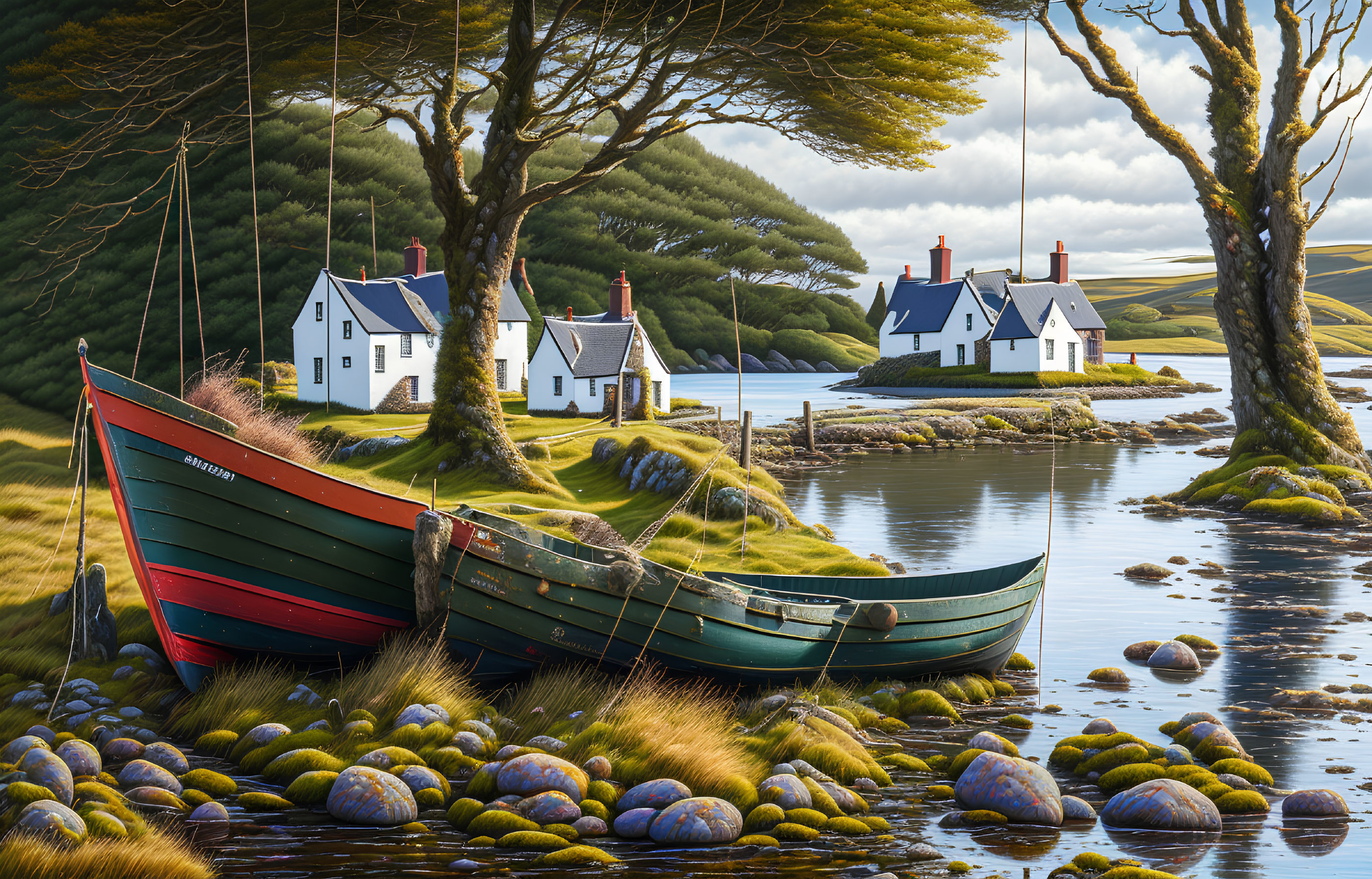 Old boats on rocky shore with white houses and windswept trees under cloudy sky