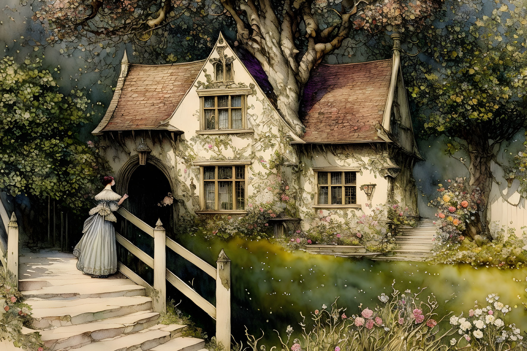 Vintage Attire Person Approaching Quaint Cottage in Fantasy Setting