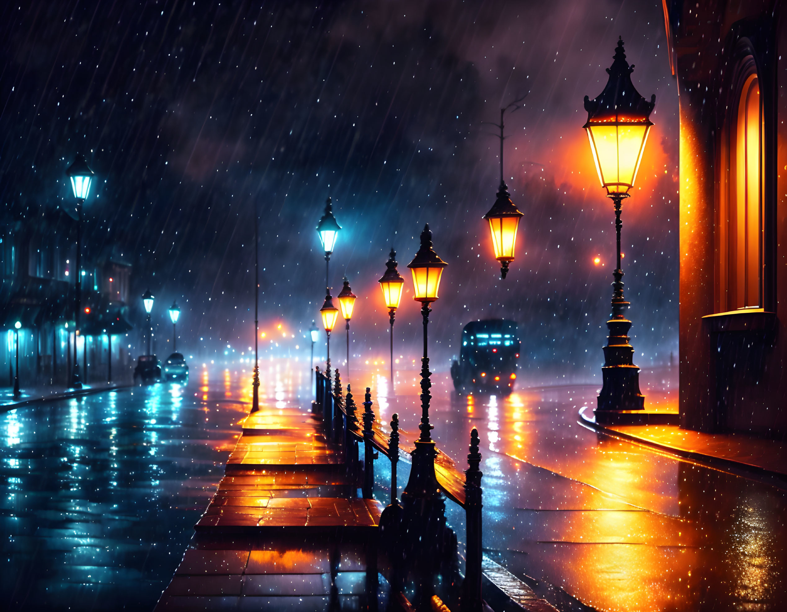 Vintage street lamps illuminate rain-soaked night street with reflections