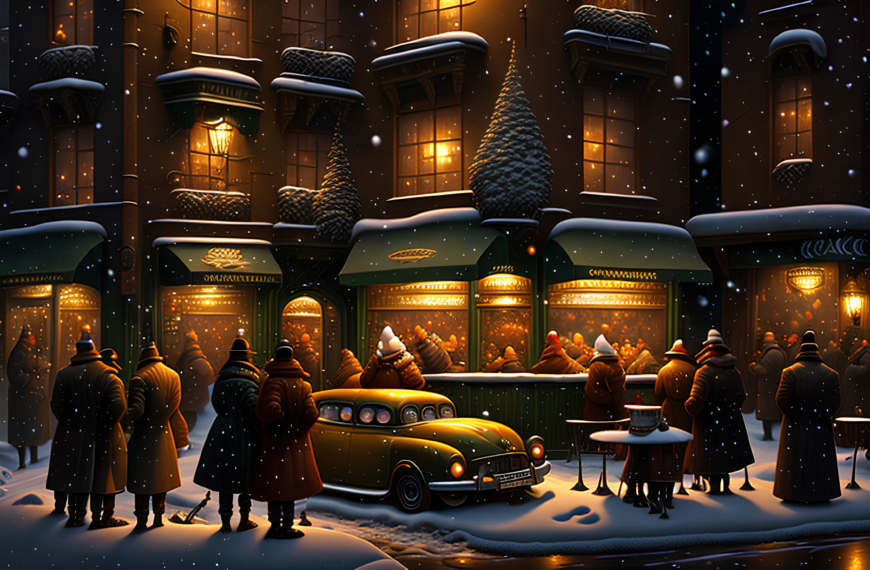 Vintage Street Scene at Night: People in Coats, Shop Windows, Classic Car, Falling Snow