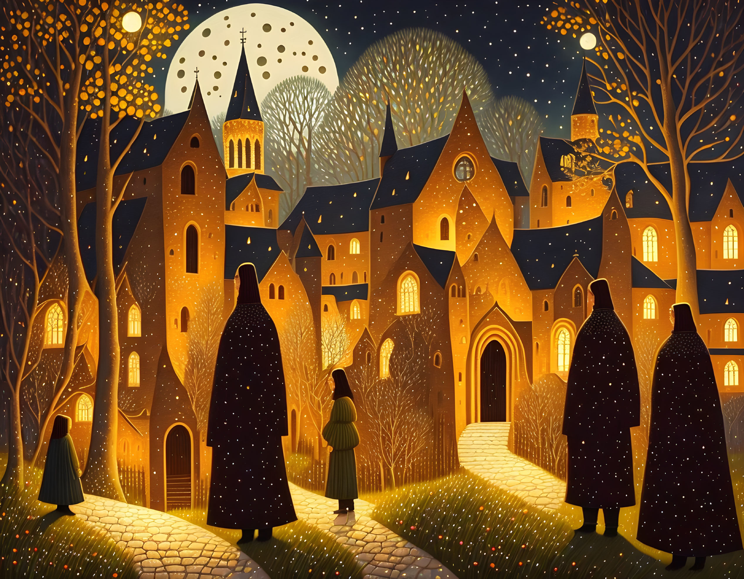 Illustration of cloaked figures in magical town under starry sky