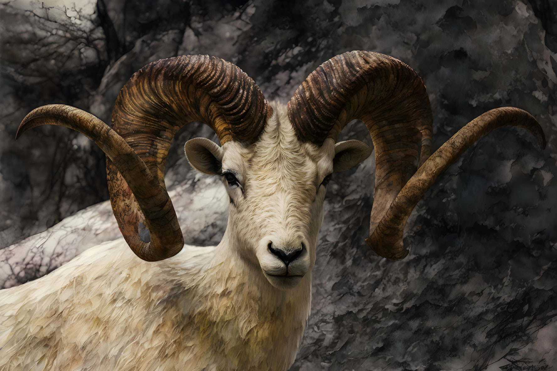 Majestic bighorn sheep with spiraling horns in rocky setting