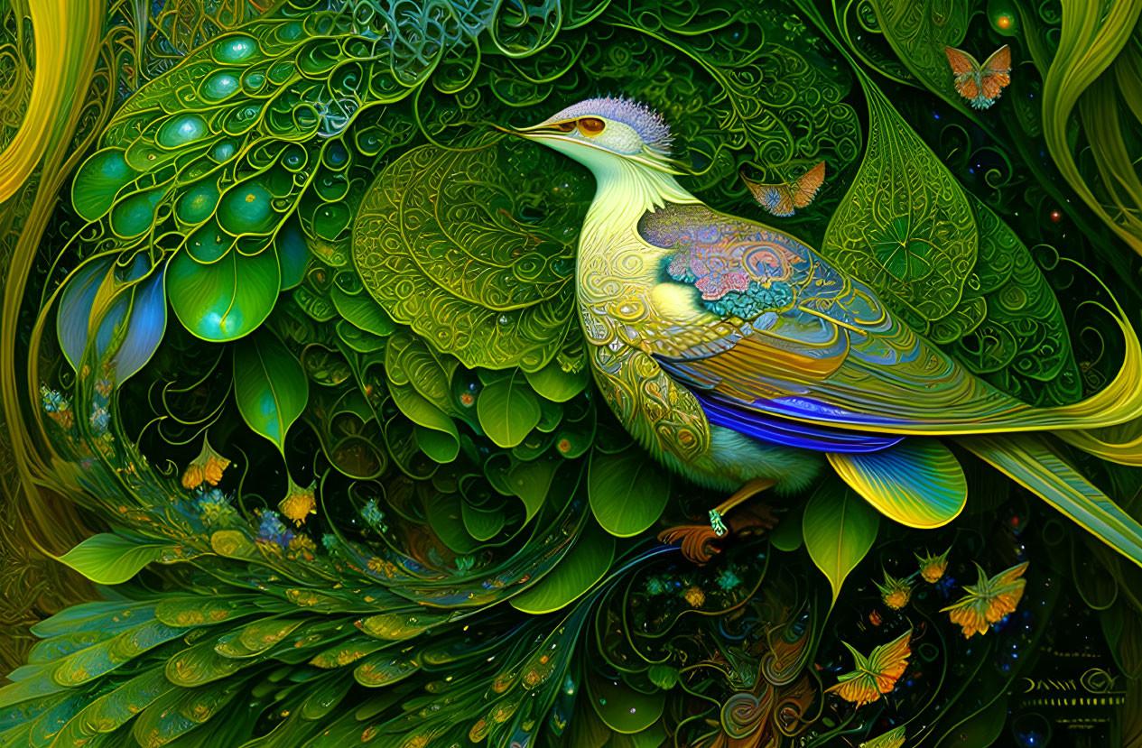 Colorful digital artwork of stylized peacock in lush green and blue setting