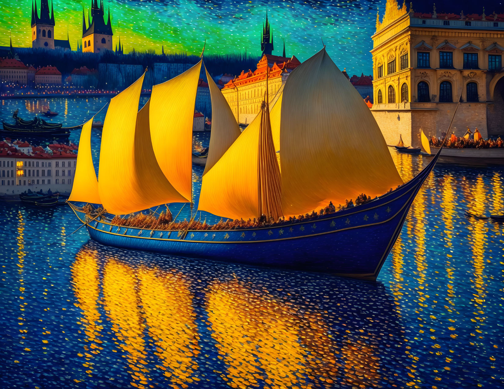 Golden sailboat on blue water with cityscape and castle at dusk