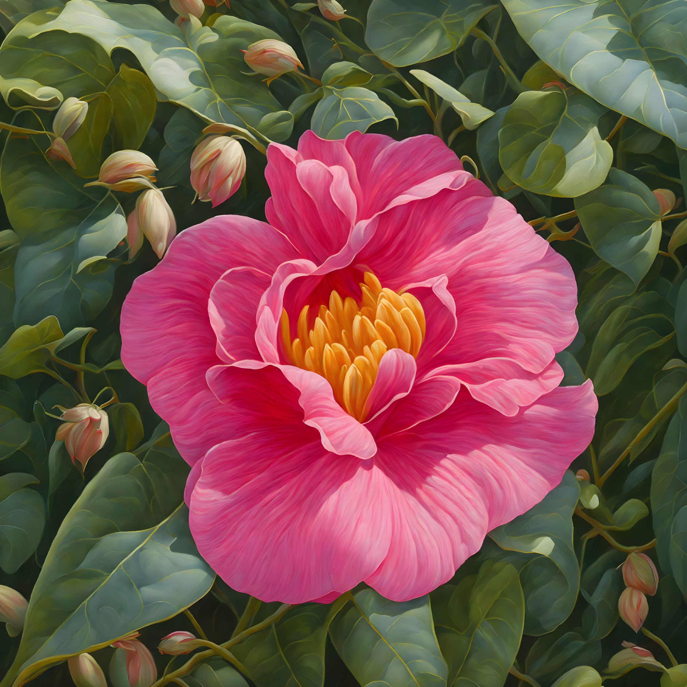 Pink Peony with Golden Center Blooms in Green Foliage