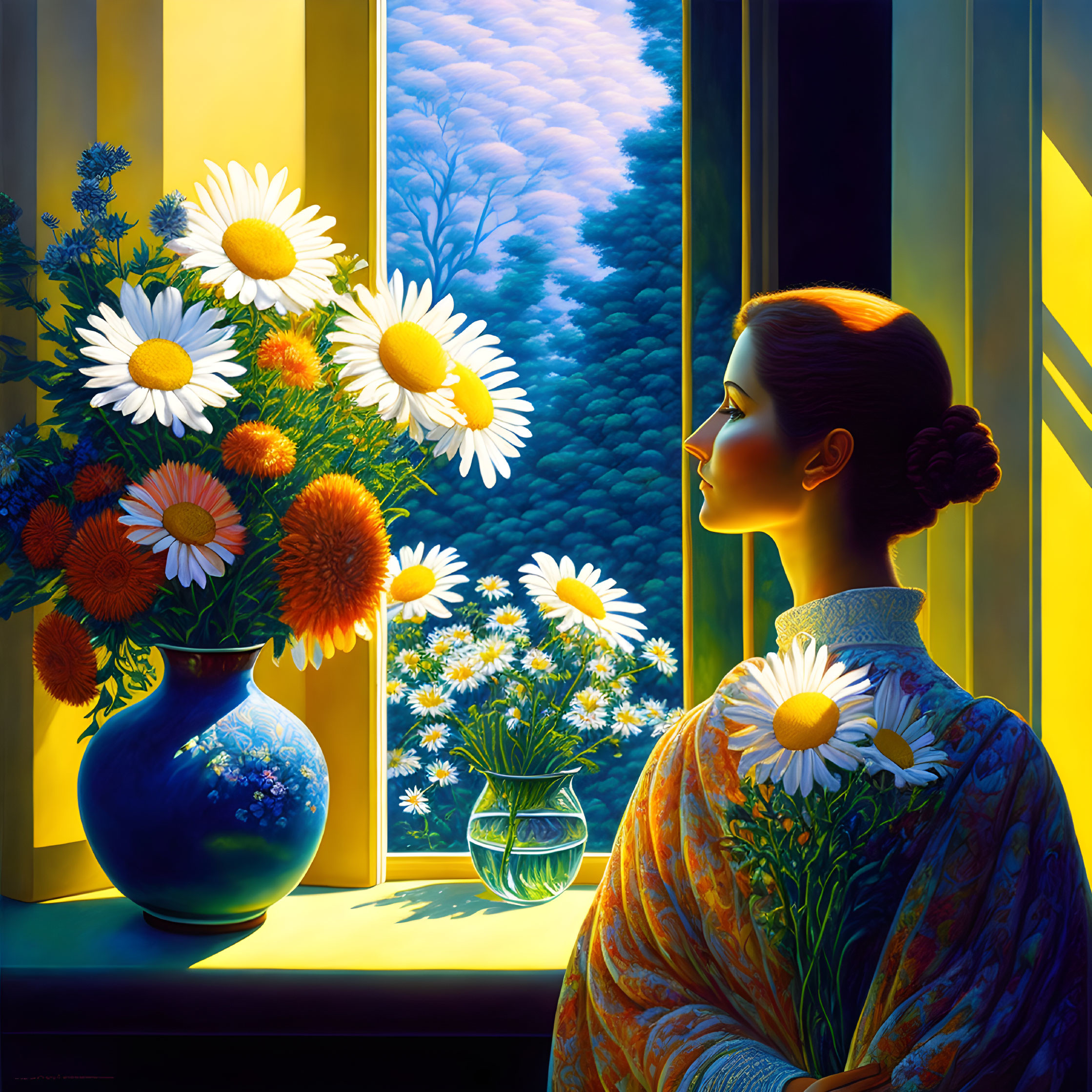 Woman admiring daisies by sunny window with scenic view.