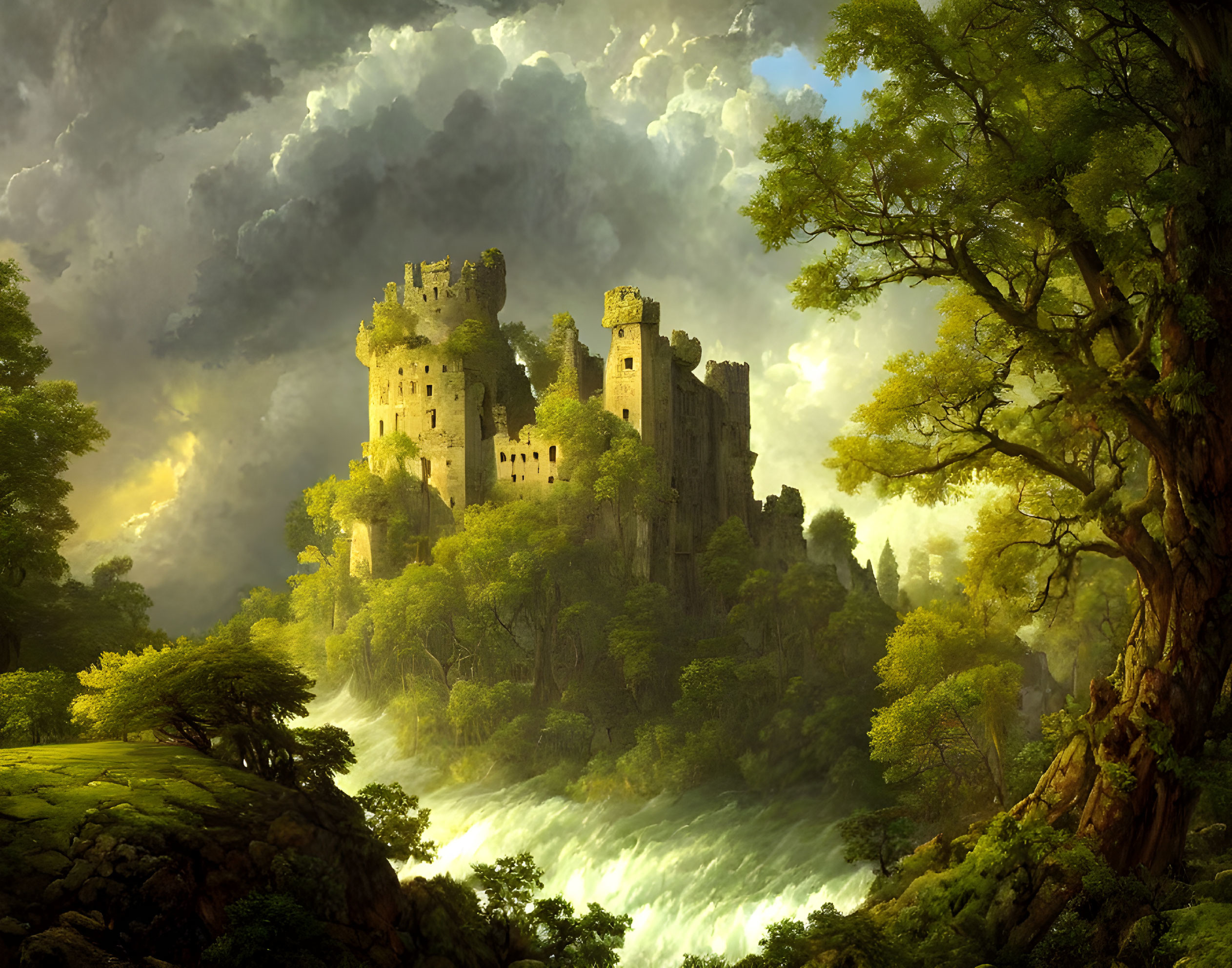 Majestic castle in serene landscape with waterfall & dramatic clouds