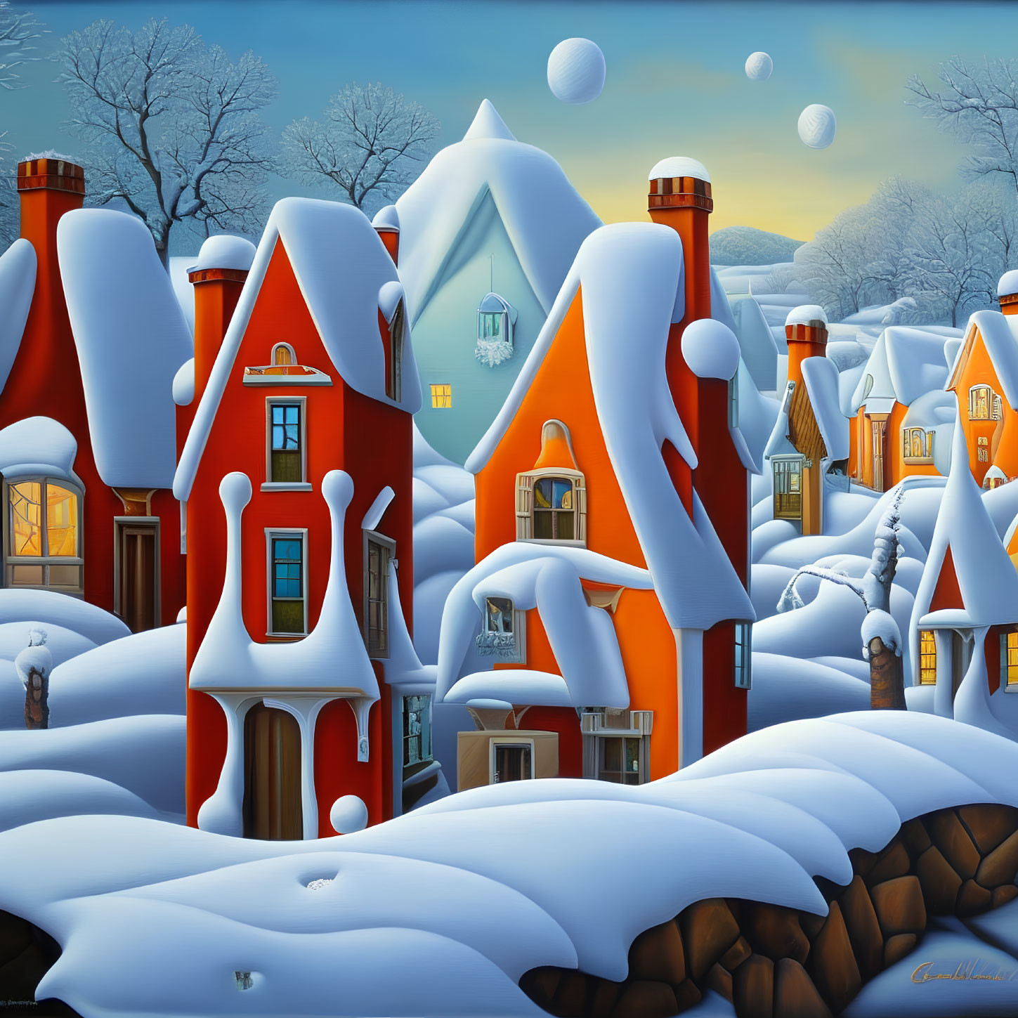 Vibrant orange houses in snowy winter twilight