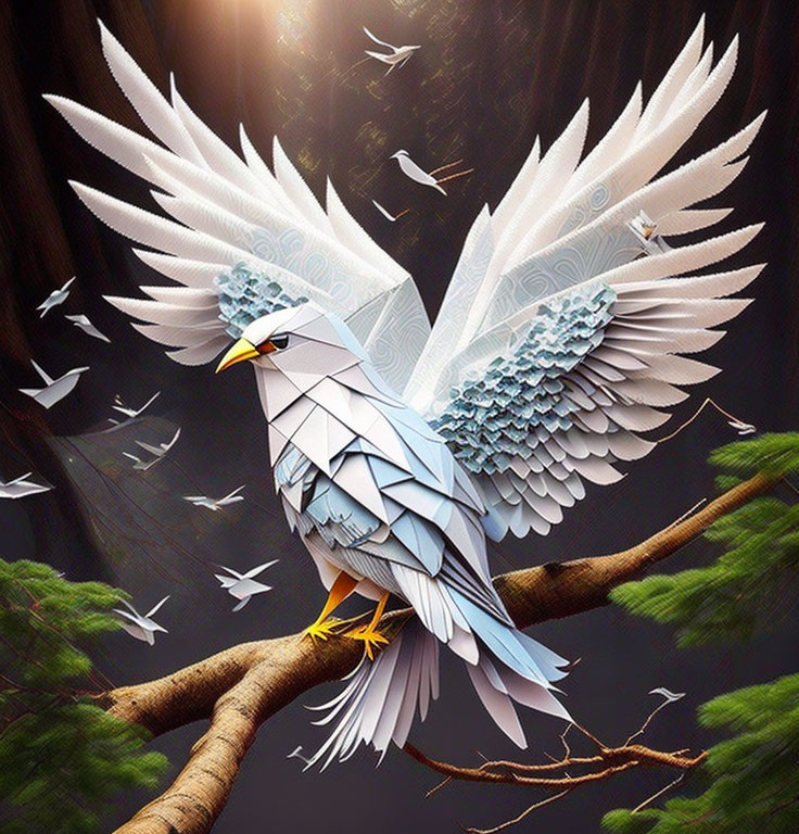 Stylized digital artwork of a white and gray eagle with geometric wings perched on a tree branch