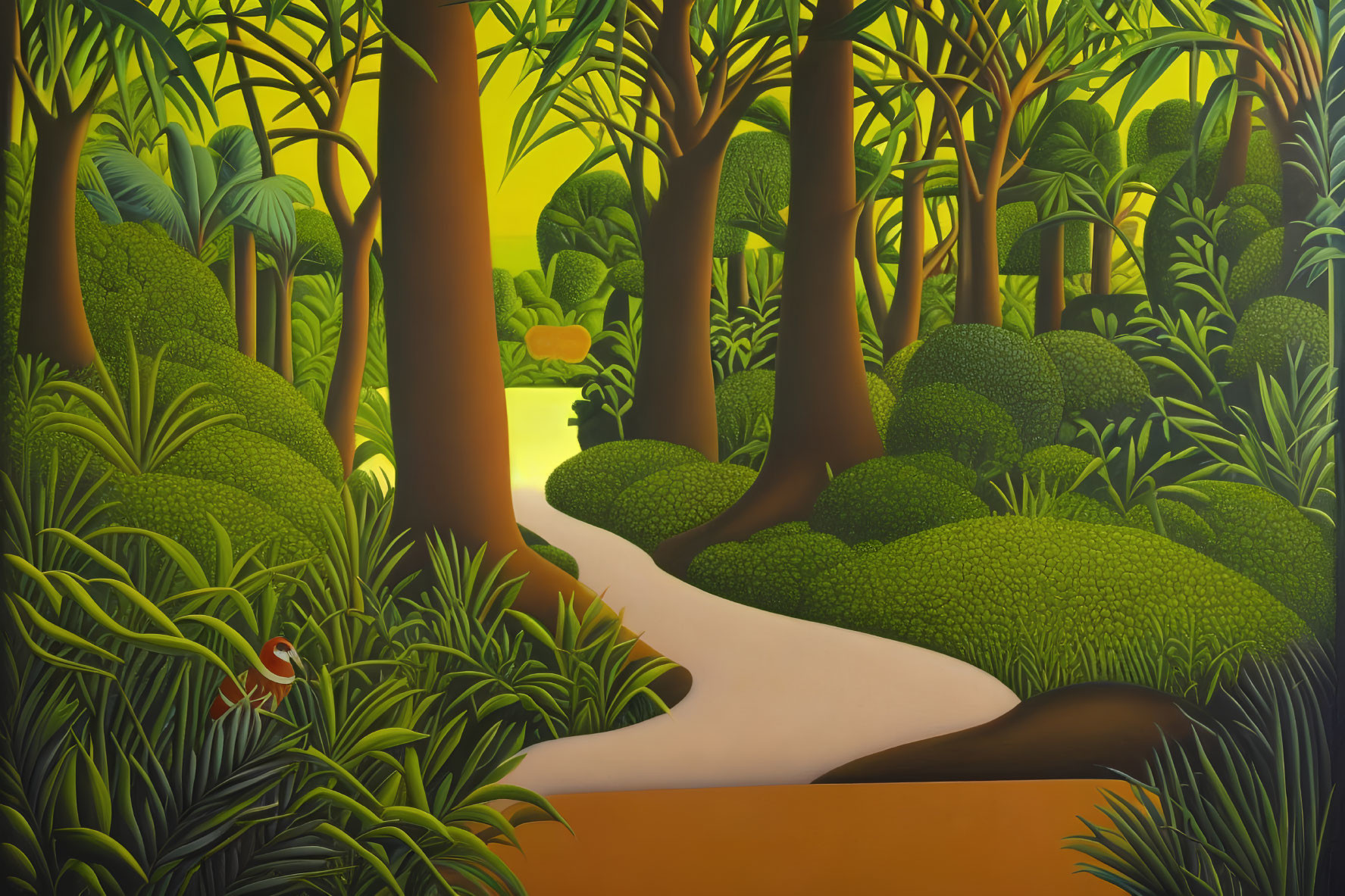 Stylized painting of lush forest with winding path & oversized leaves