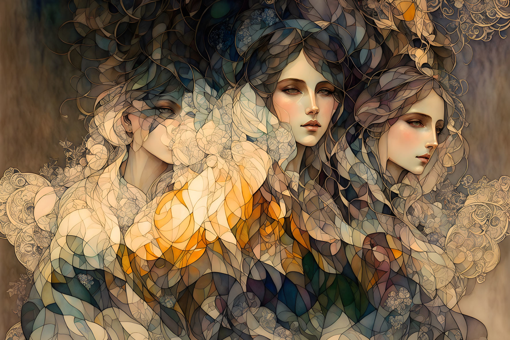 Ethereal women with flowing hair in autumnal tones