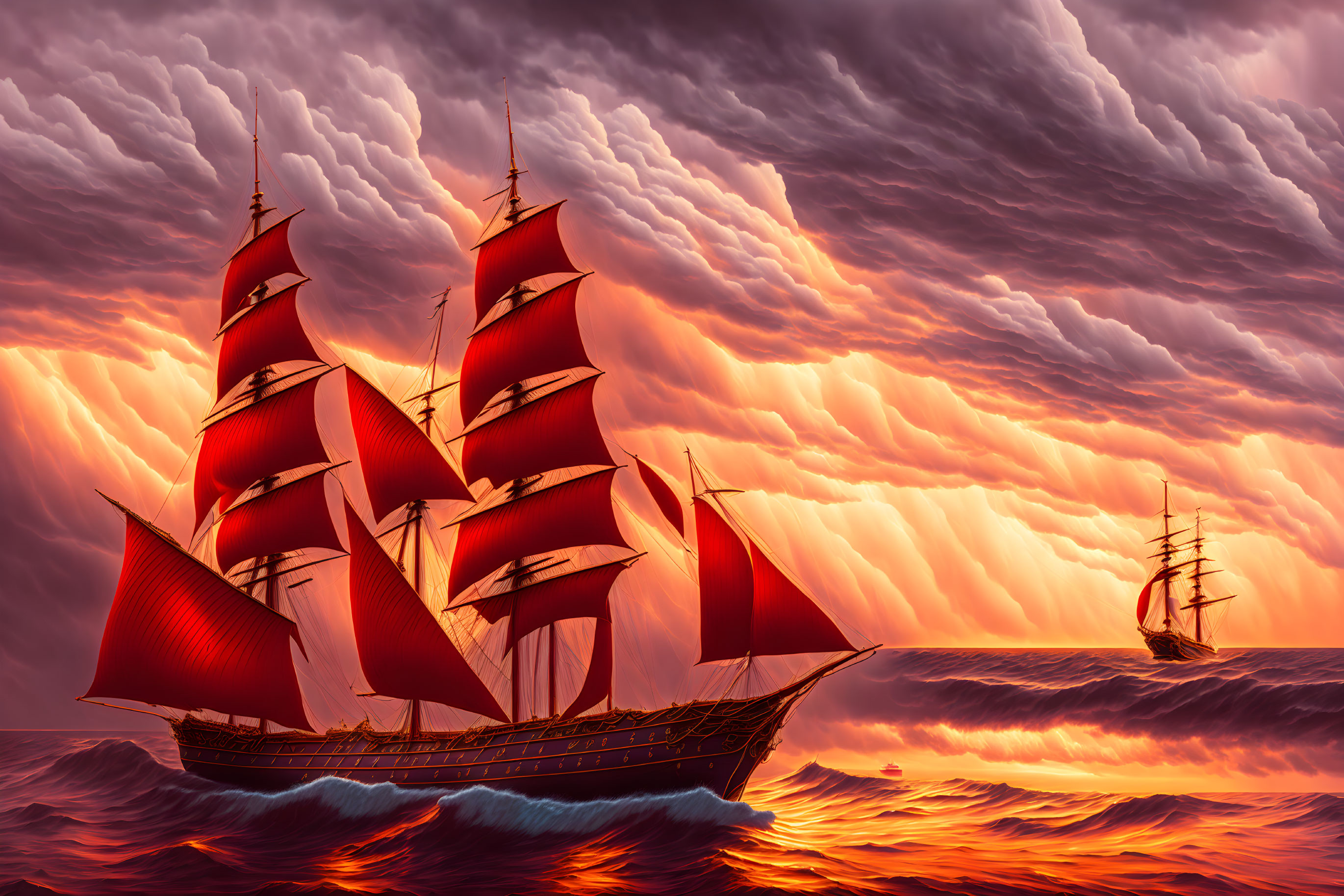 Red-sailed ship sailing on ocean at sunset with dynamic sky