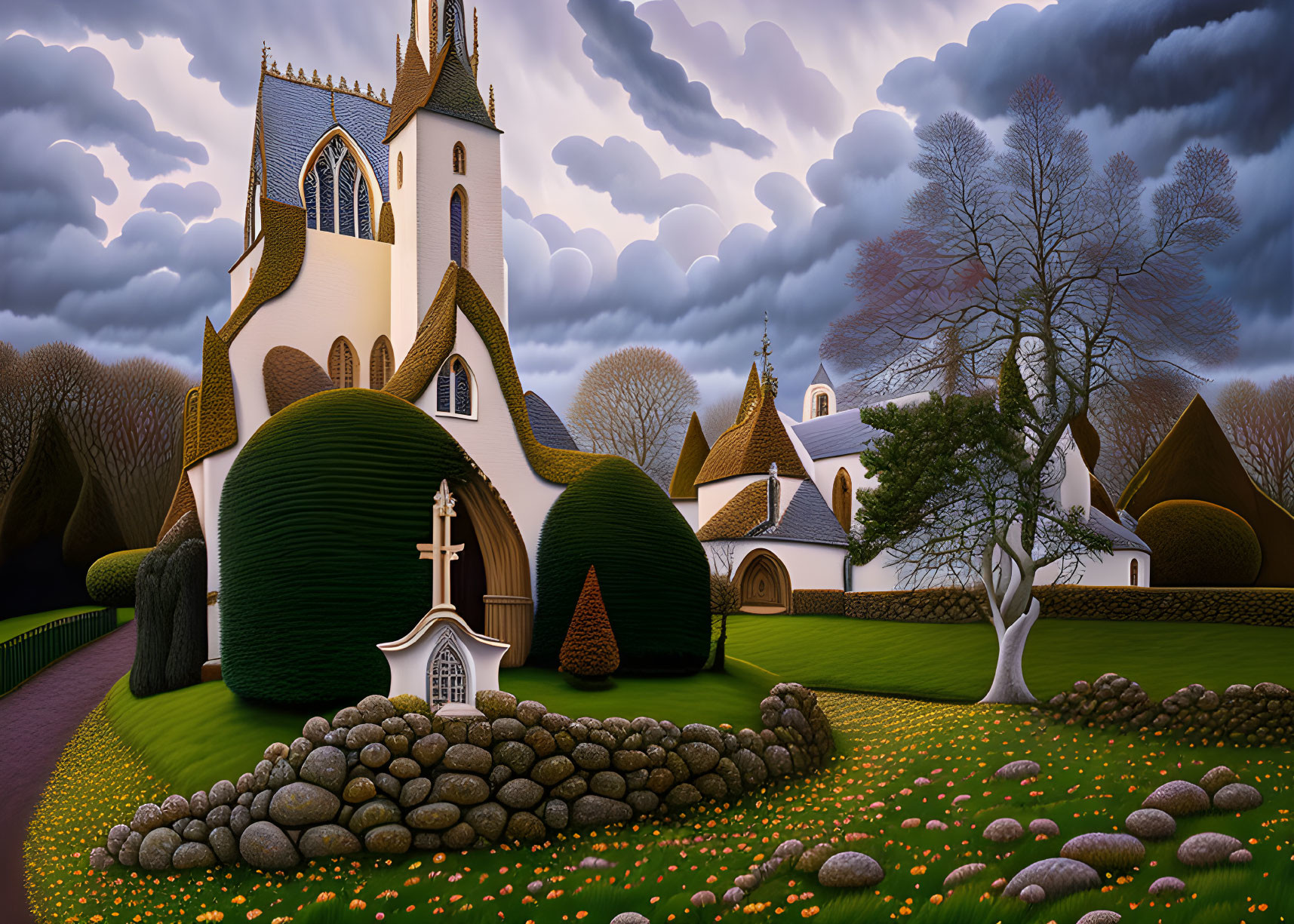 Whimsical storybook-style church with manicured topiary under dramatic sky