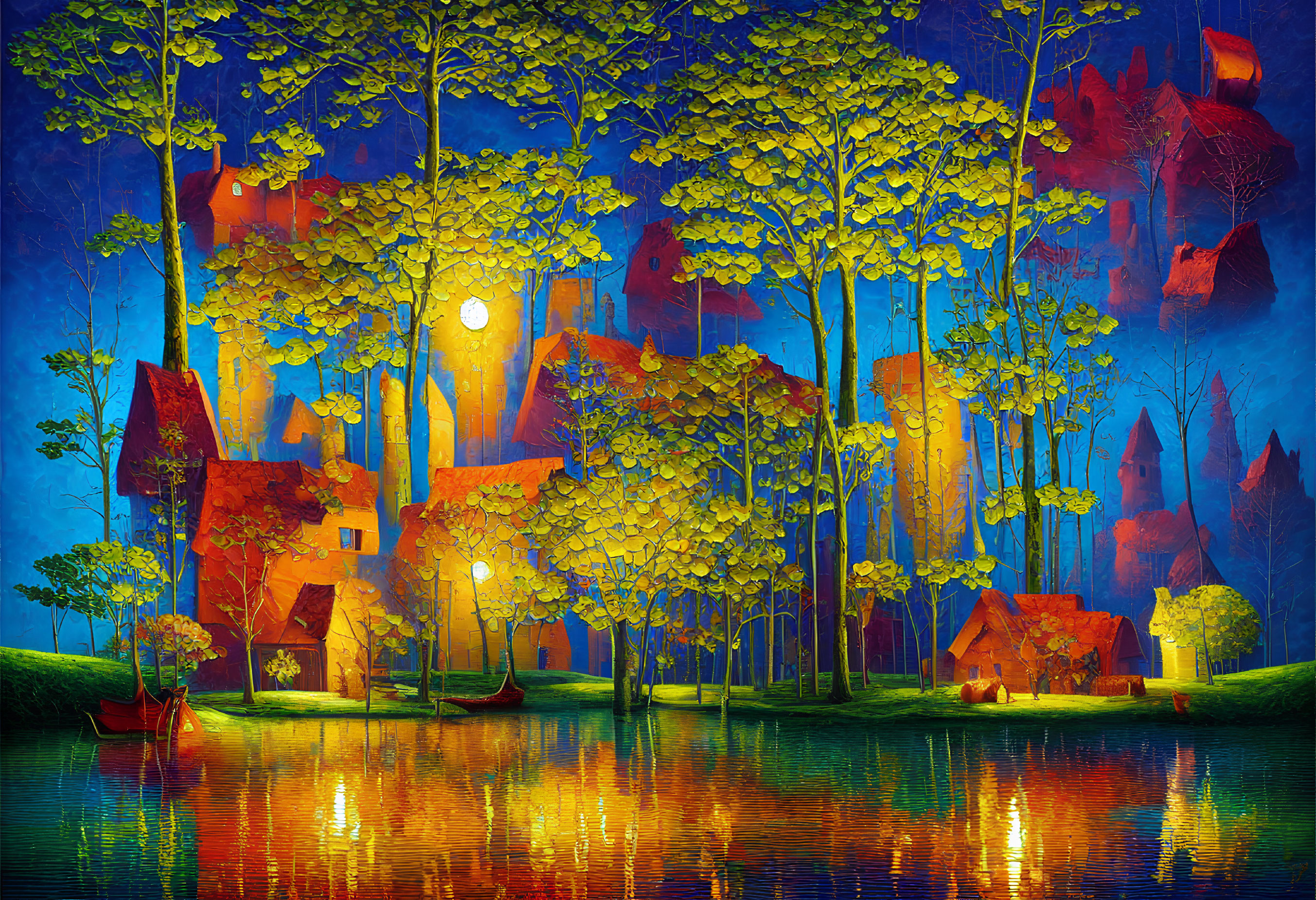 Colorful forest painting with houses, water reflections, and moon