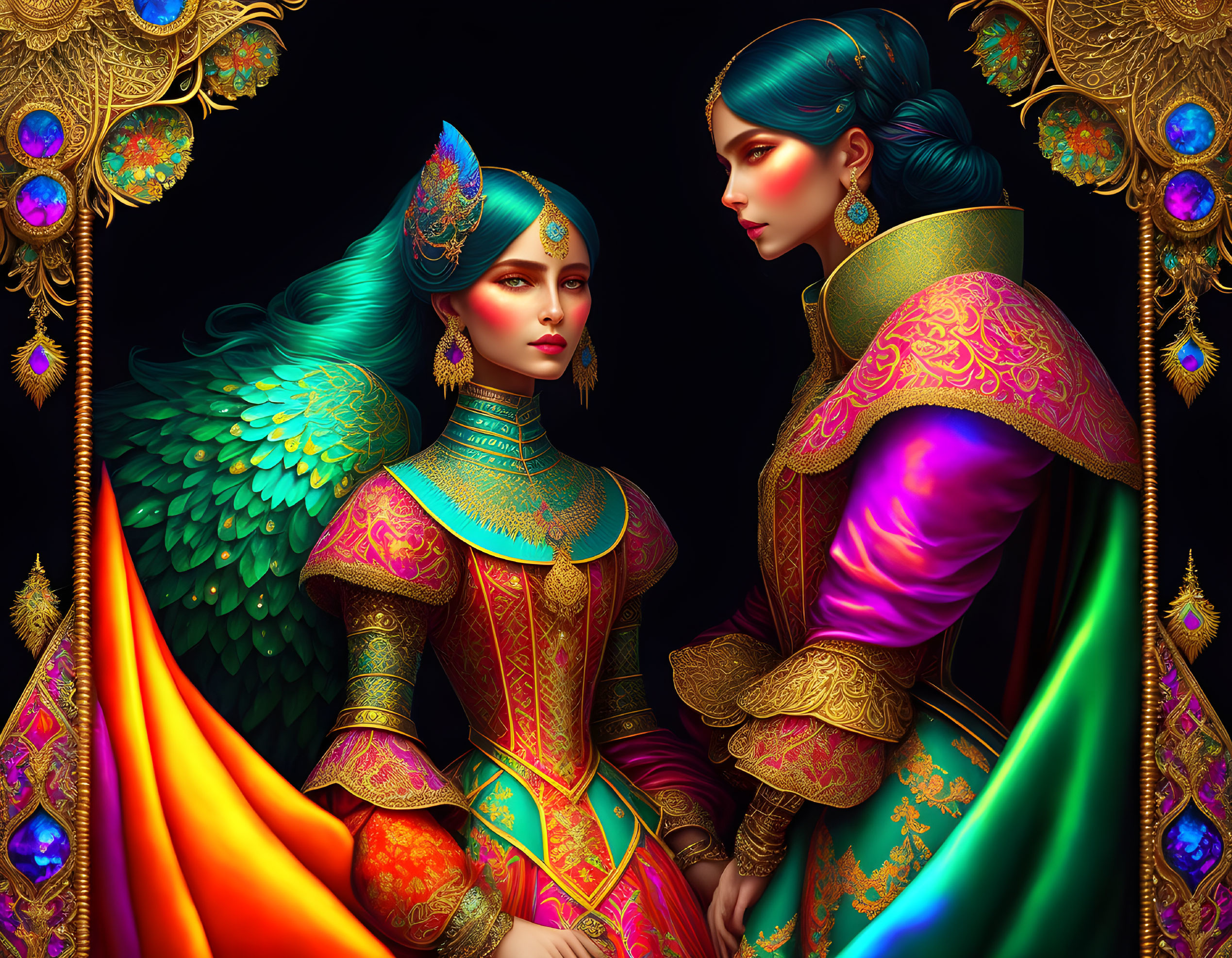 Colorful fantasy characters in elaborate costumes on dark background