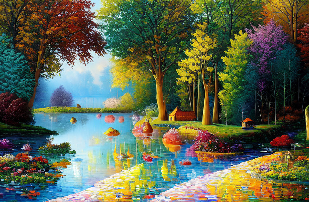 Colorful Painting: Tranquil Lake, Vibrant Trees, Cabin, Blossoms