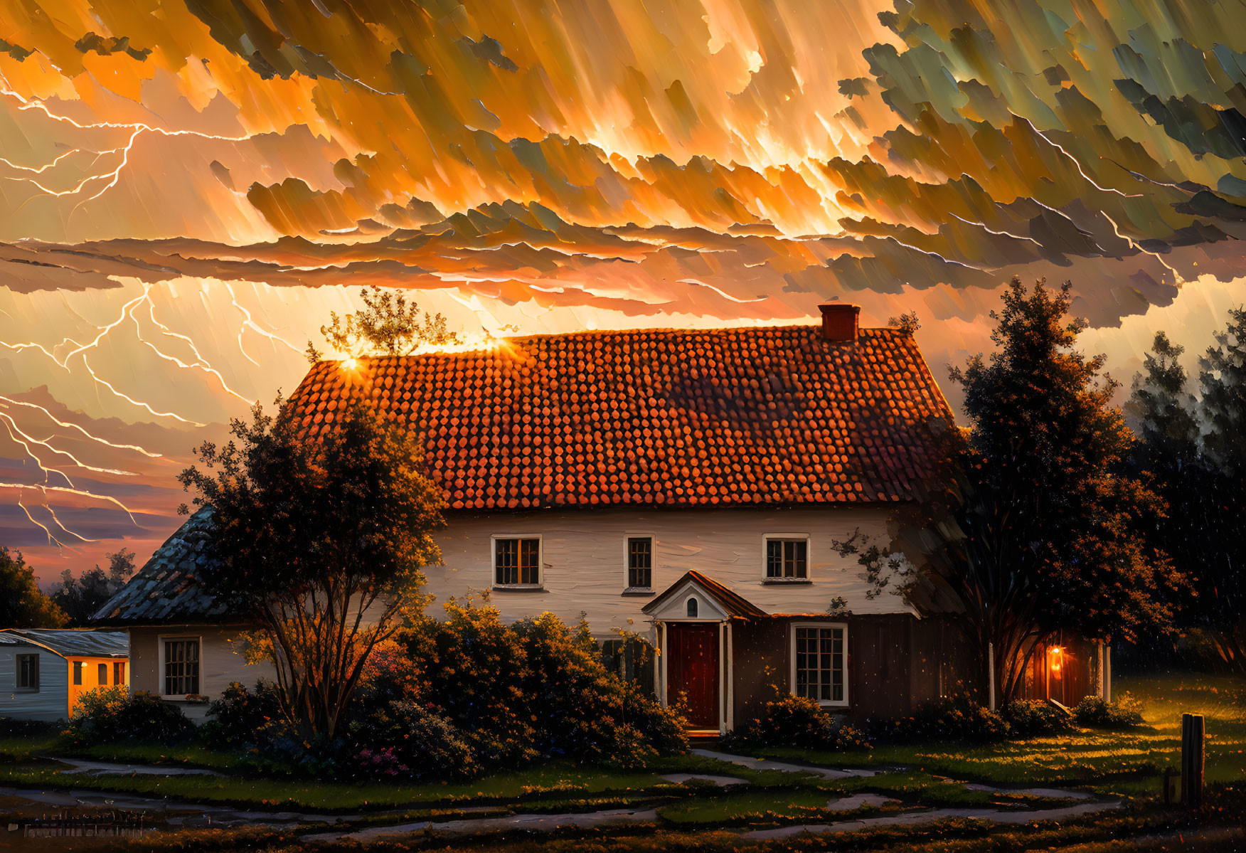 Sunset scene with lightning strikes over quaint house