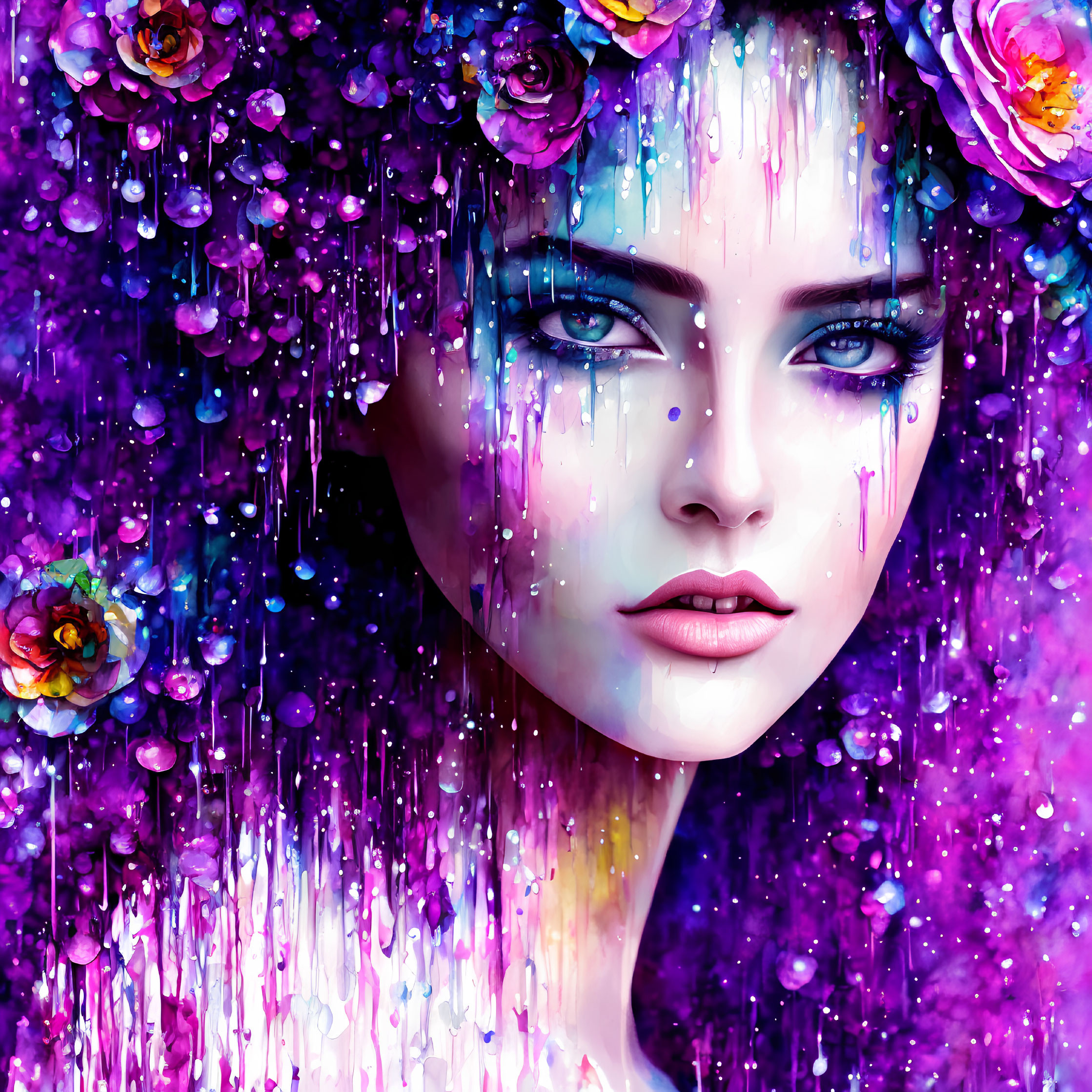 Colorful digital artwork: Woman's face with blue eyes and floral hair, set in vibrant paint background