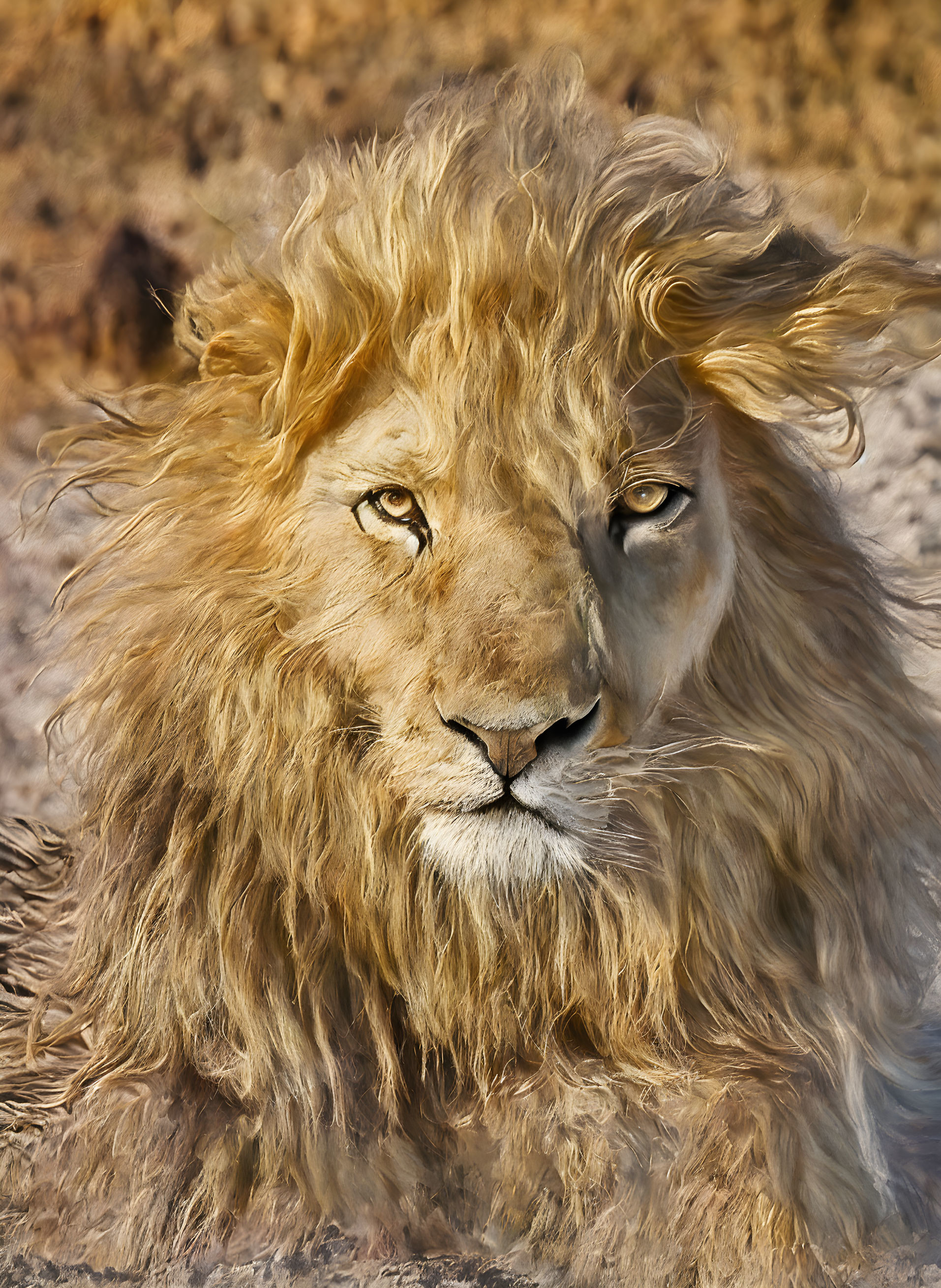 Majestic lion with thick, wavy mane in warm light on earth-toned background