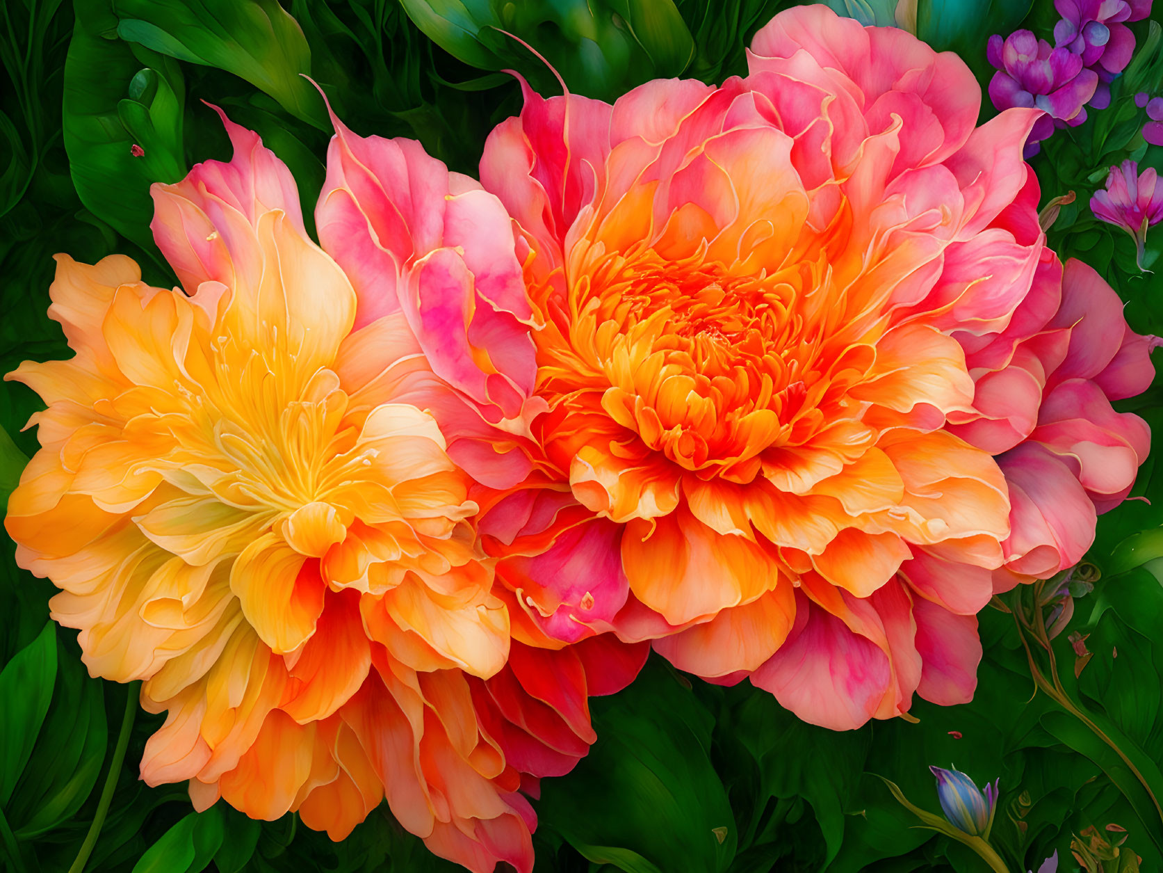 Close-up of vibrant orange and pink peonies with lush layered petals.