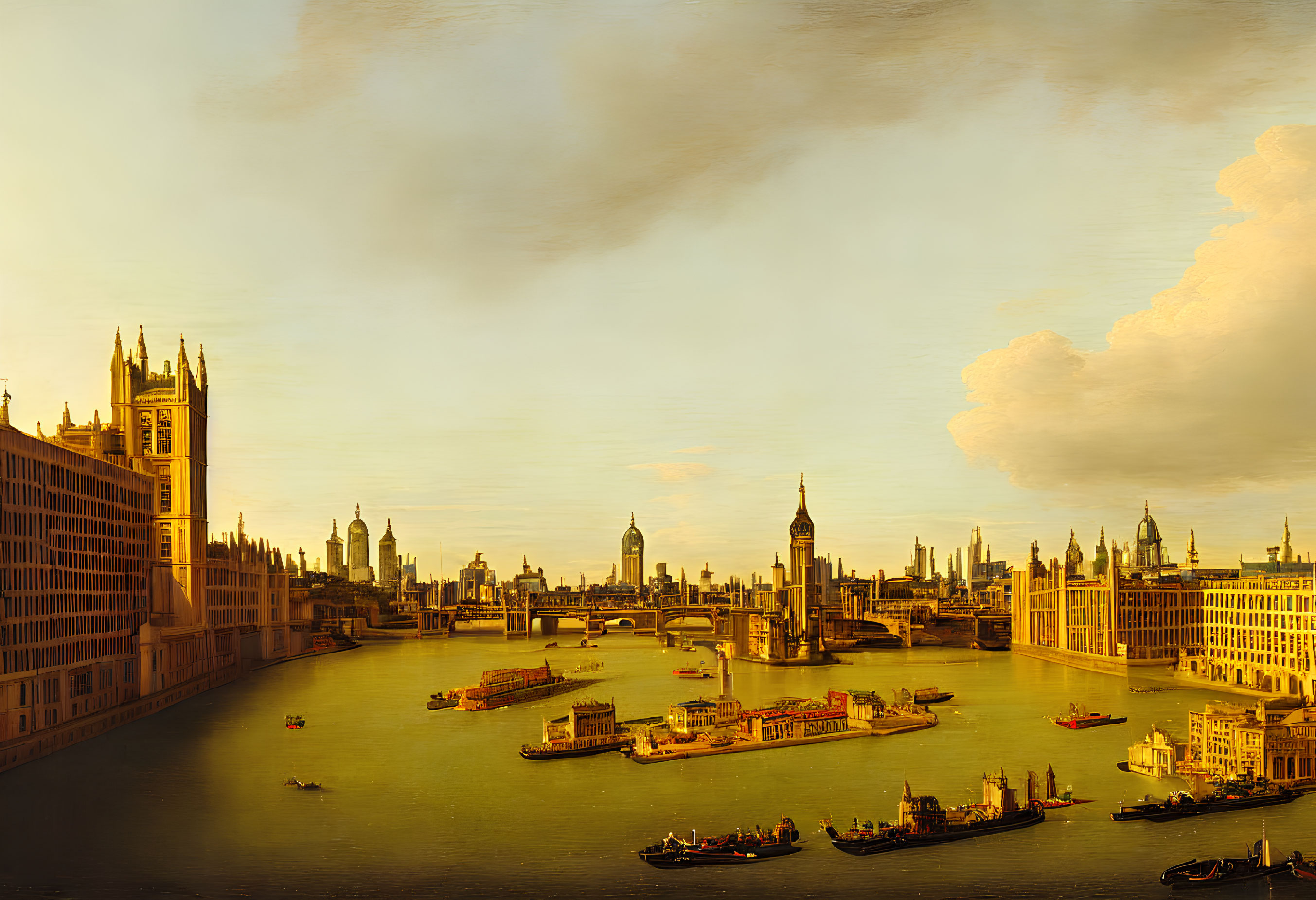 Historical London Panoramic Oil Painting with River Thames & Old Buildings