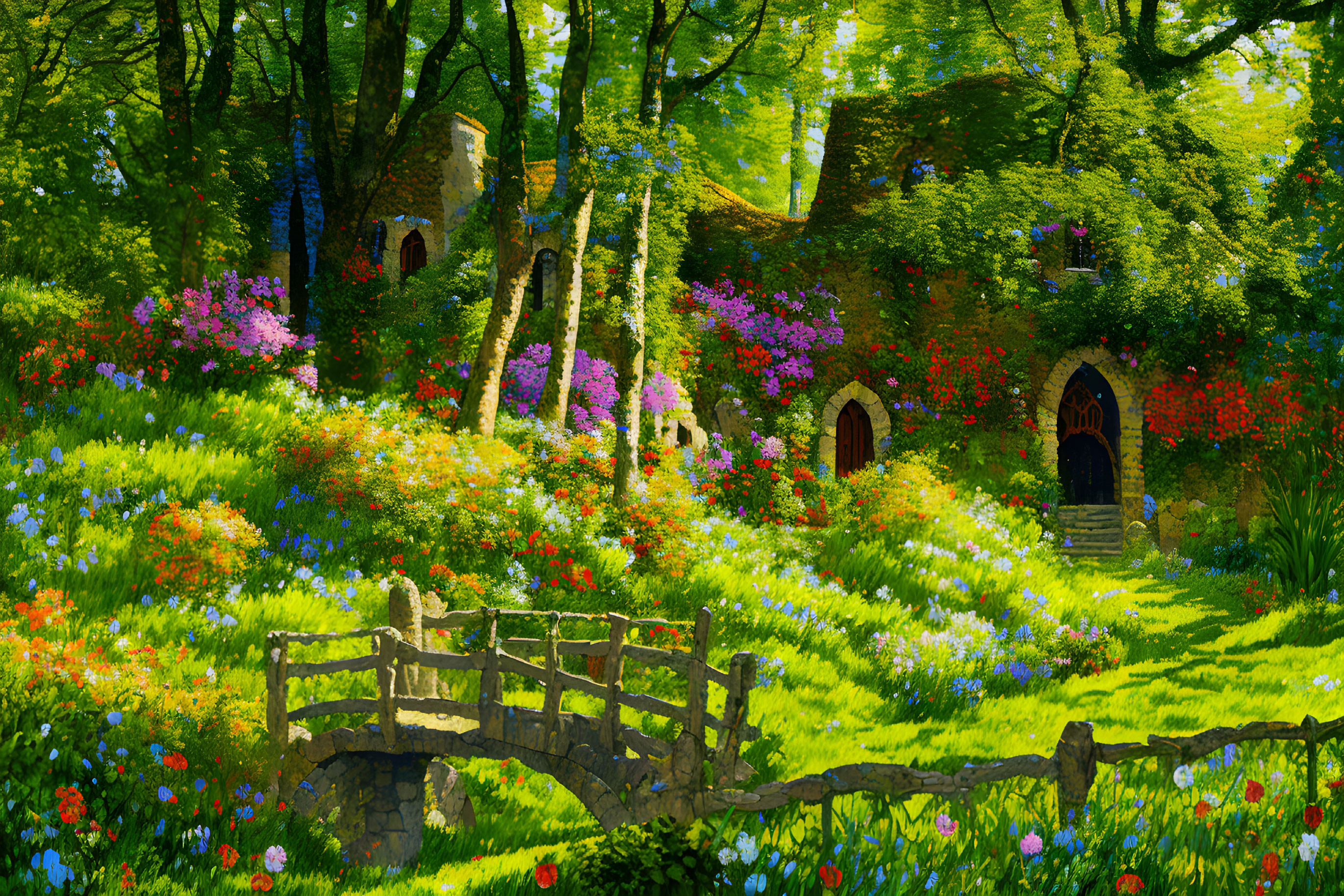 Lush forest clearing with stone bridge, colorful flowers, and sunlit ruins