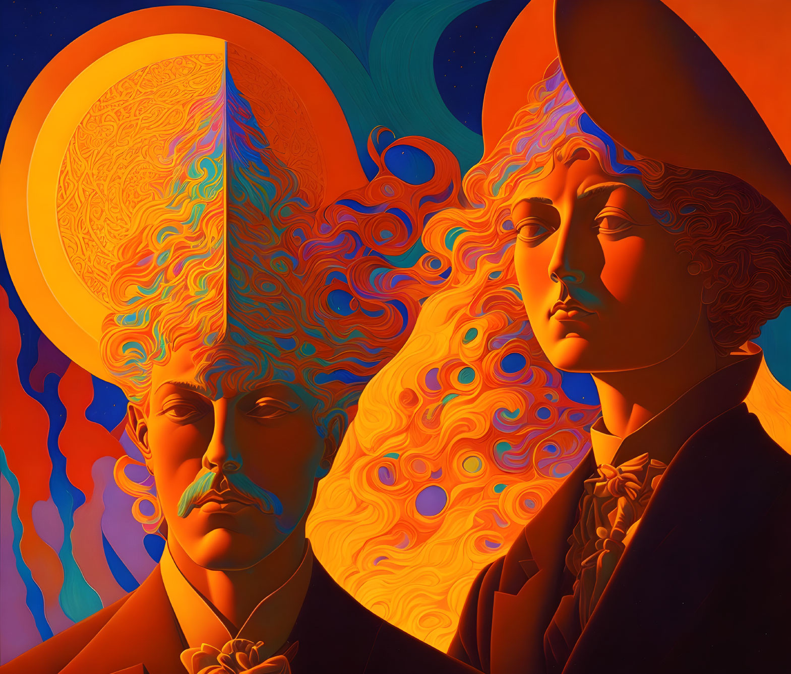 Surrealistic artwork: Two androgynous faces in swirling patterns