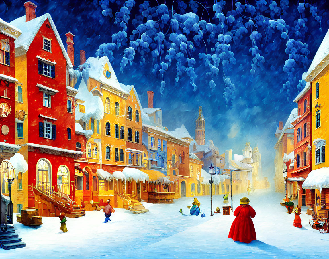 Snow-covered street with colorful buildings and people enjoying winter activities