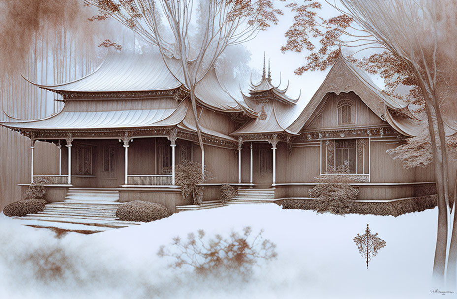 Traditional Asian wooden house in misty forest setting.