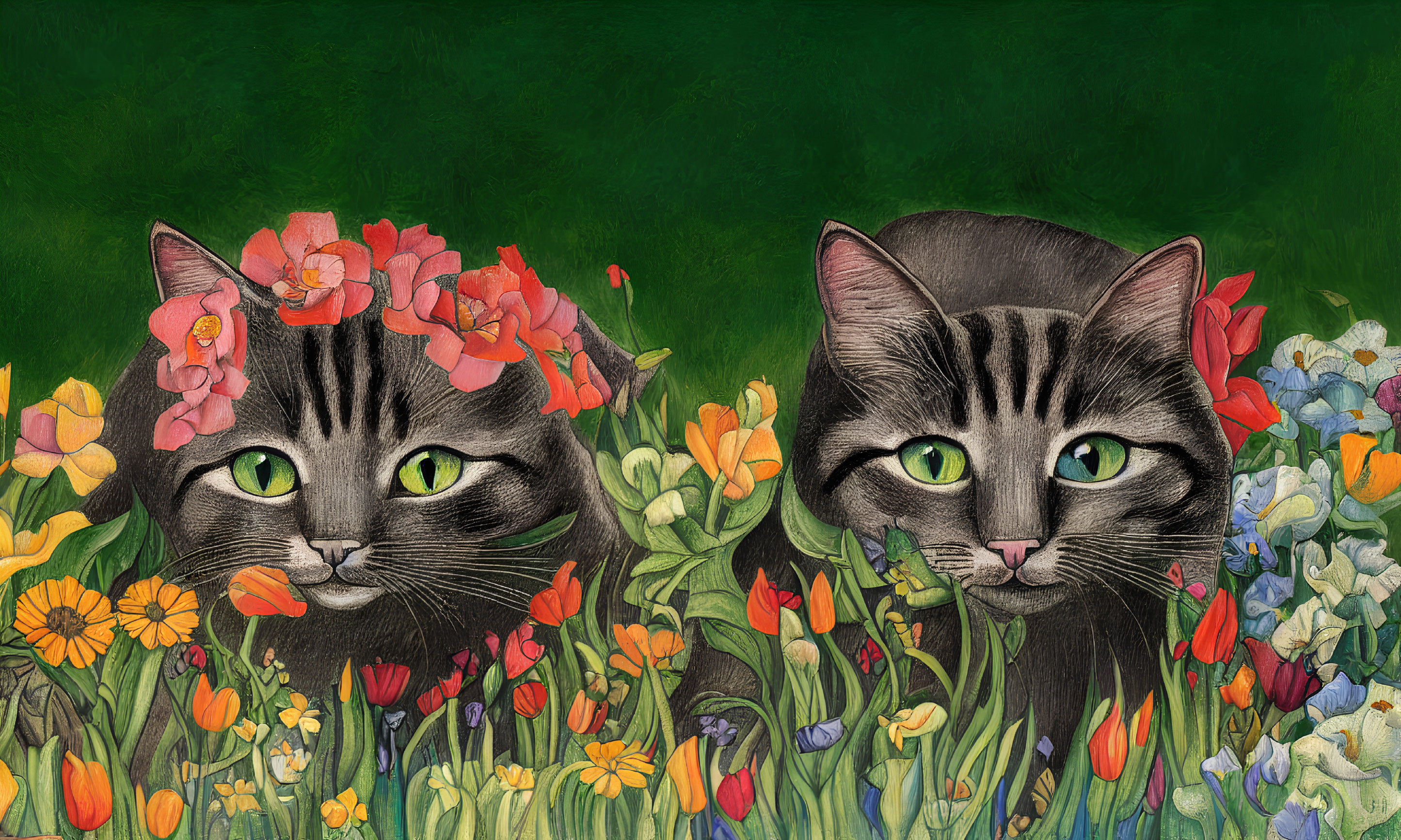 Illustrated Tabby Cats with Green Eyes in Colorful Flower Setting