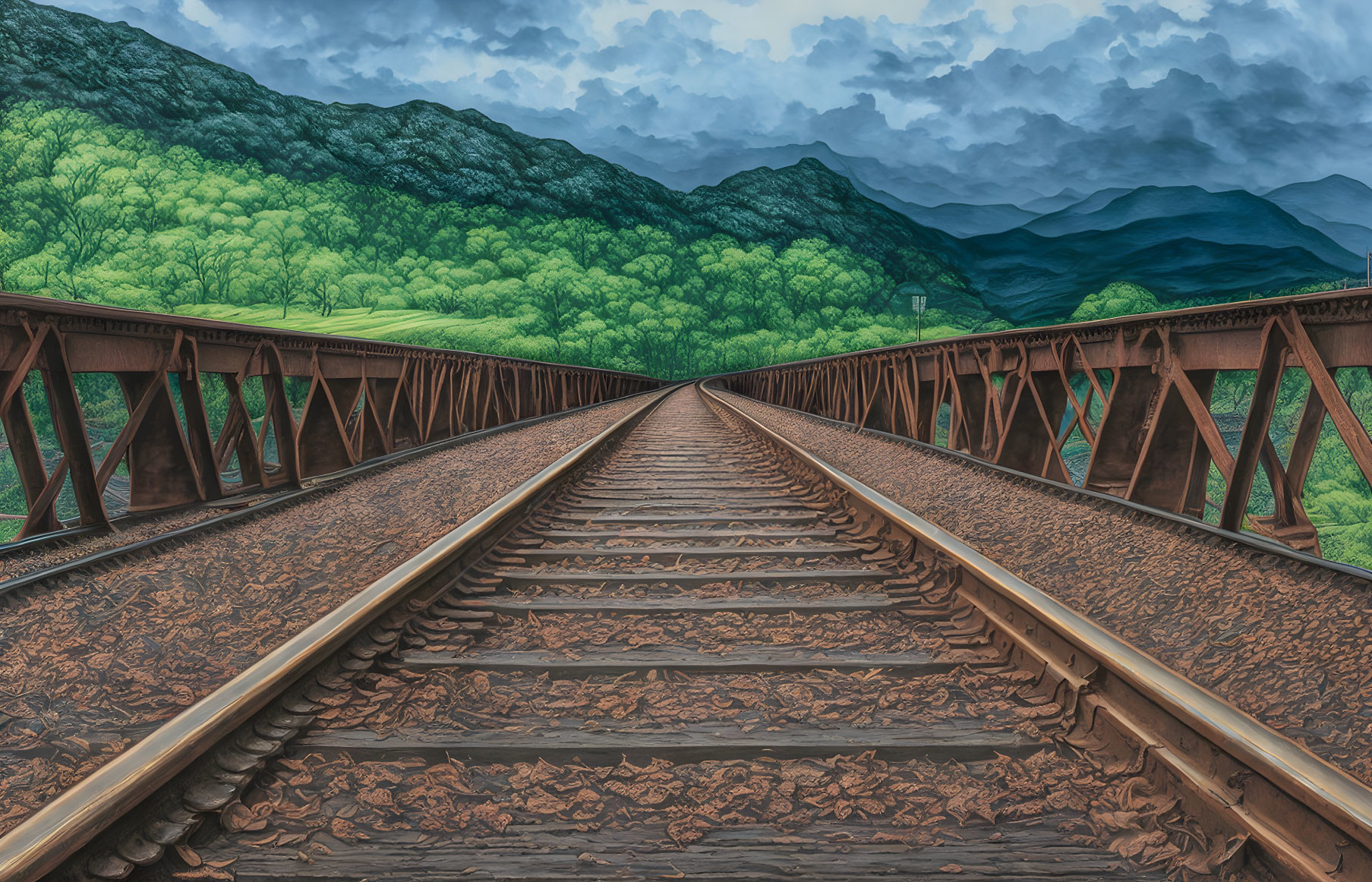 Train tracks in lush greenery with mountains and overcast sky