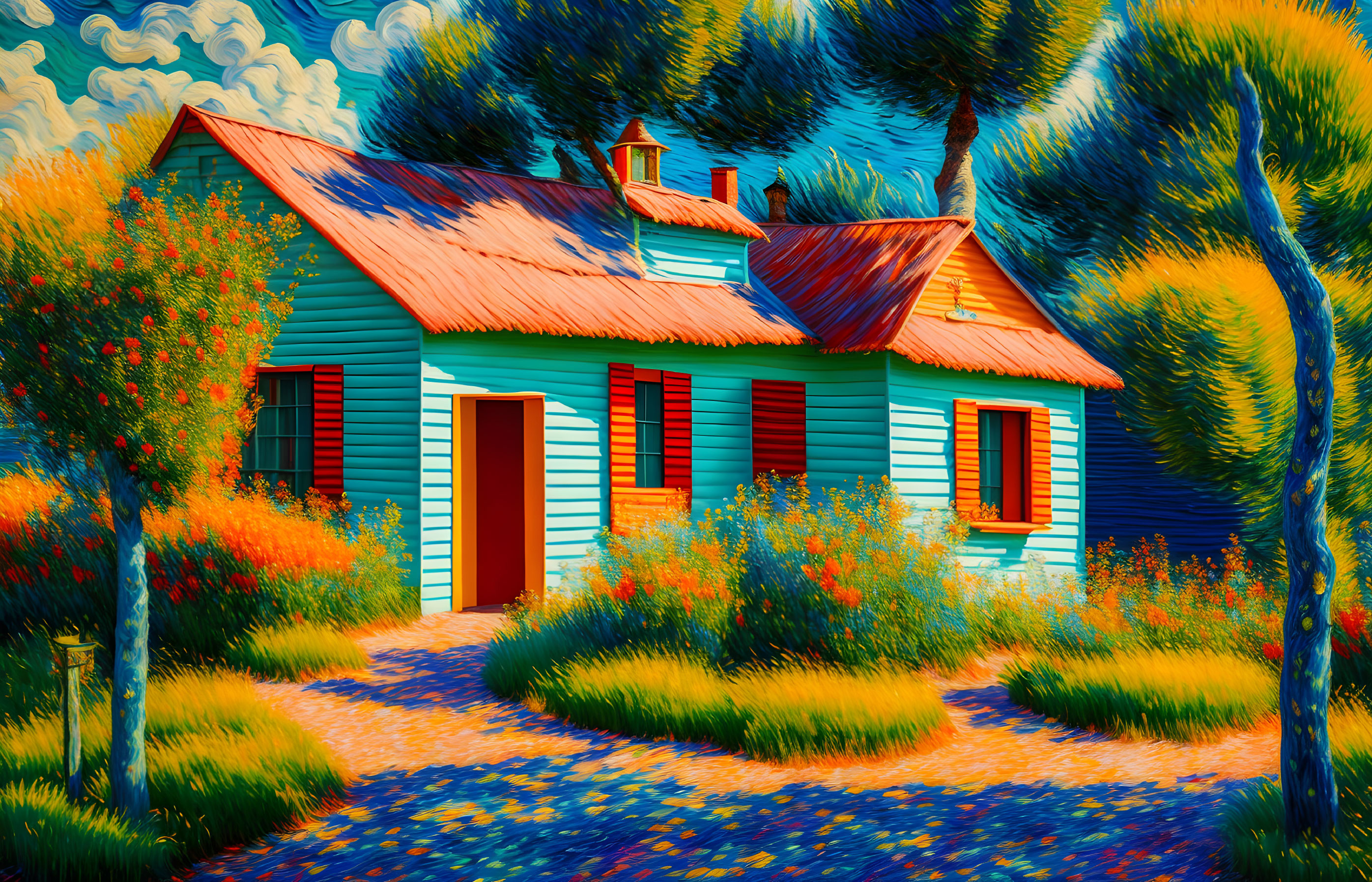 Colorful digital painting of a blue house with a red door in an impressionist style