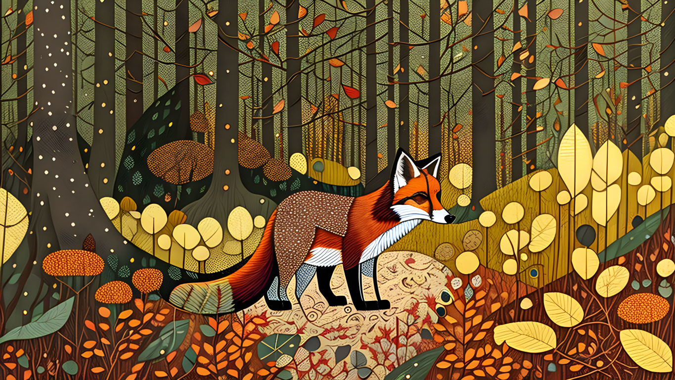 Vibrant autumn forest illustration with stylized fox