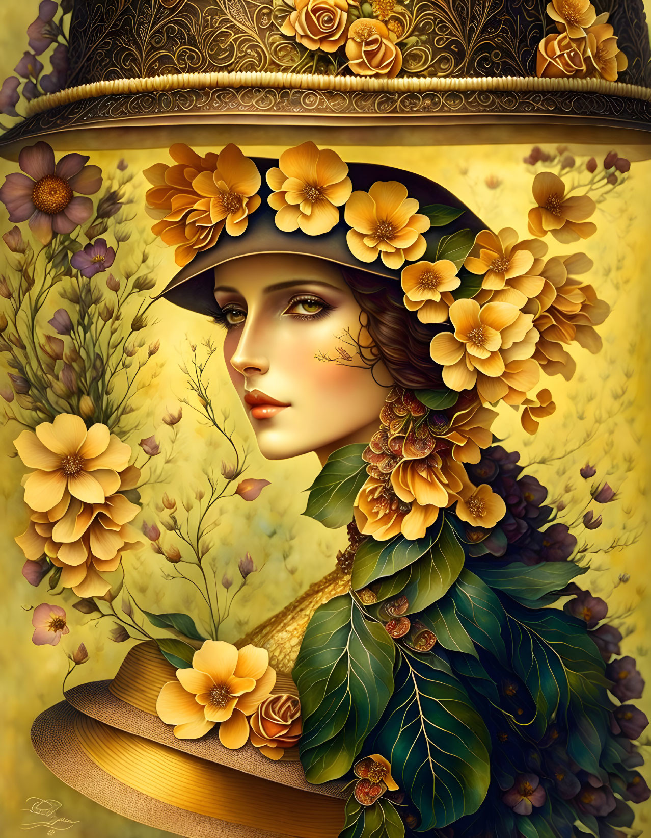 Beautiful woman with flower and leaf garlands