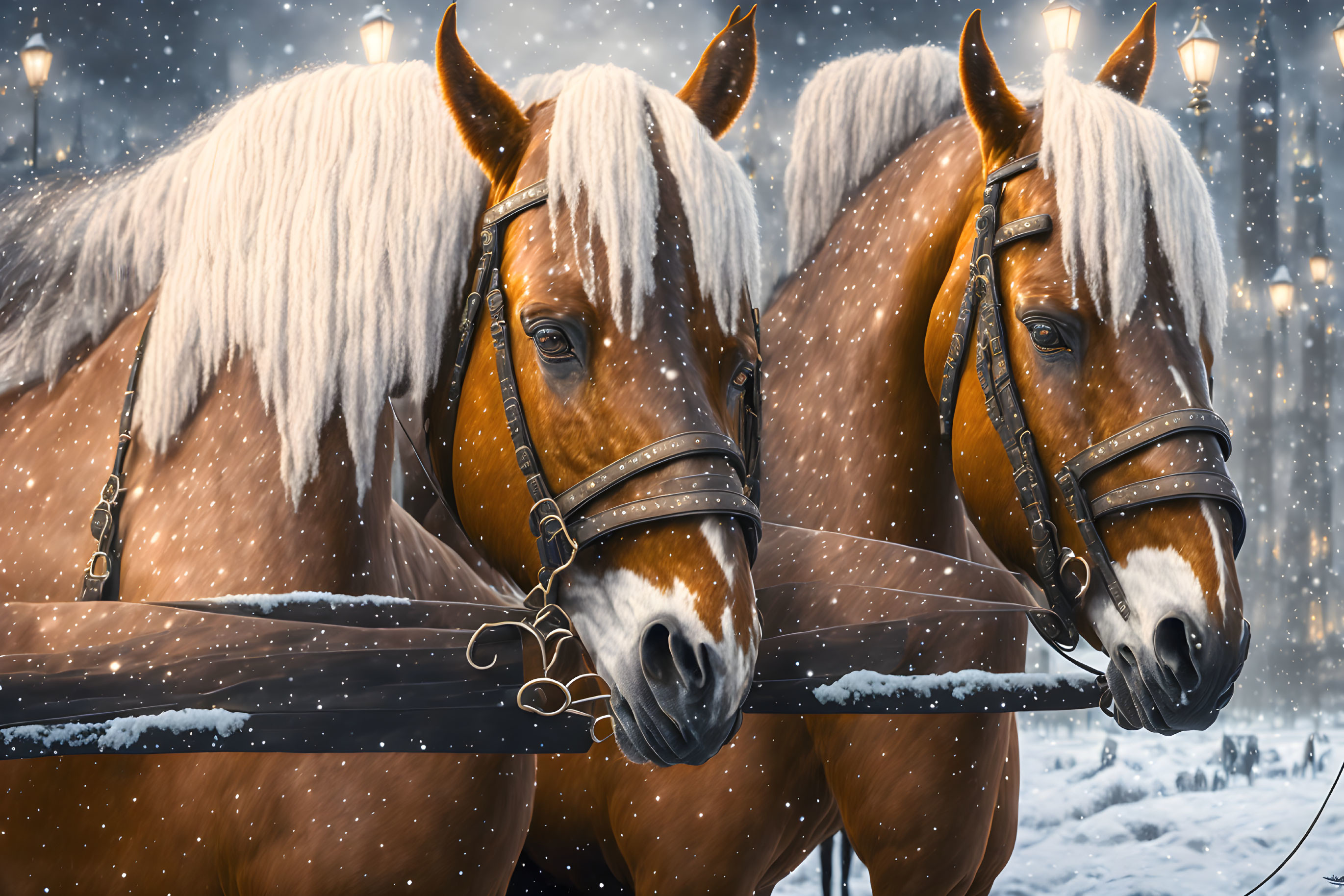 Chestnut horses with white manes in snowy scene with glowing lanterns