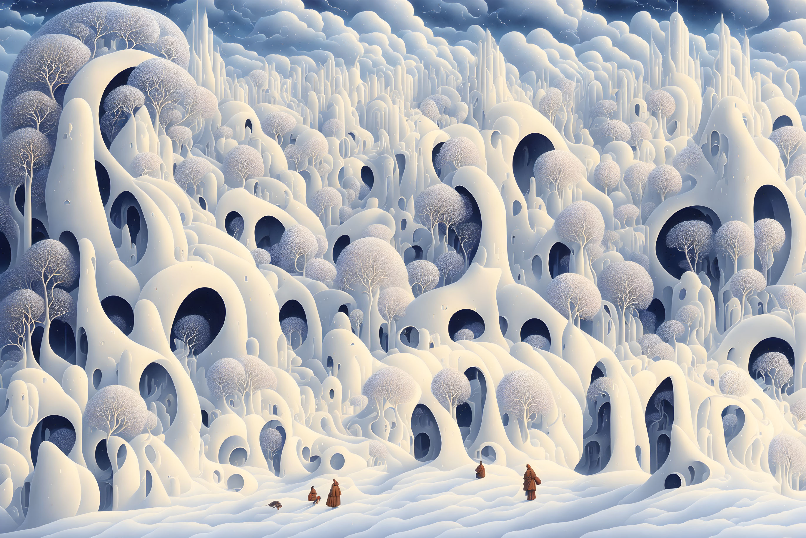 Surreal snowy landscape with white structures and figures