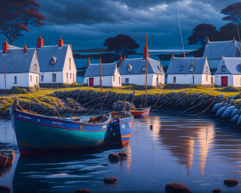 Traditional coastal village with white houses, red roofs, blue boats, and windswept trees at twilight