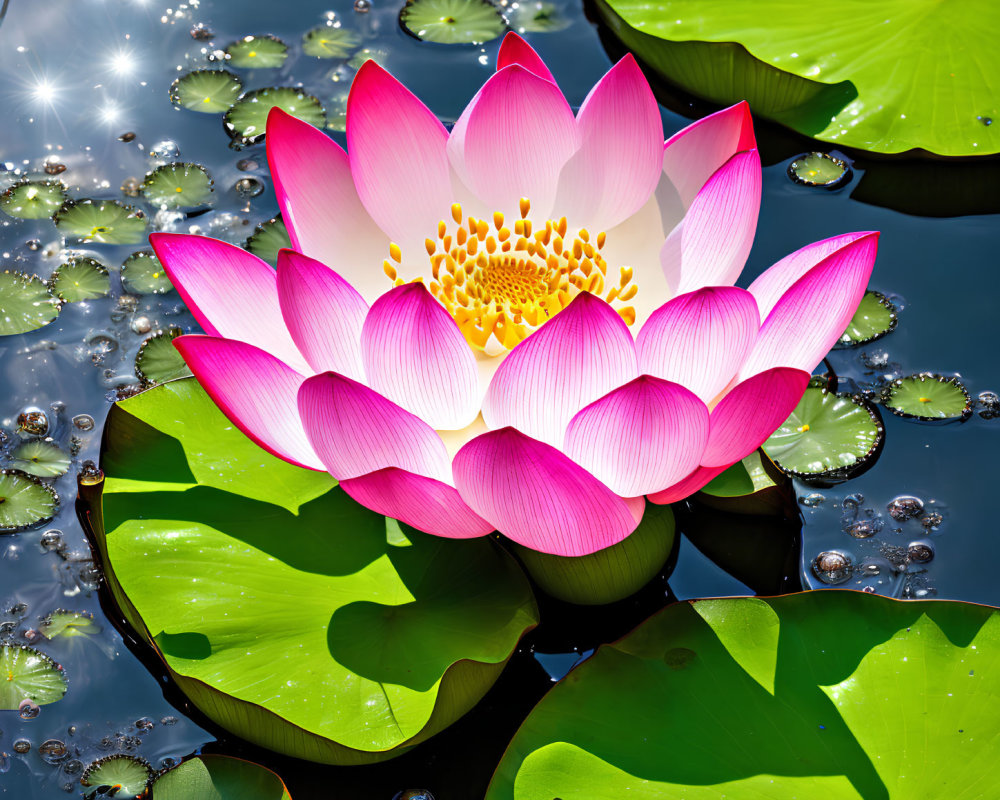 Pink Lotus Flower Blooming in Water with Lily Pads and Sunlight