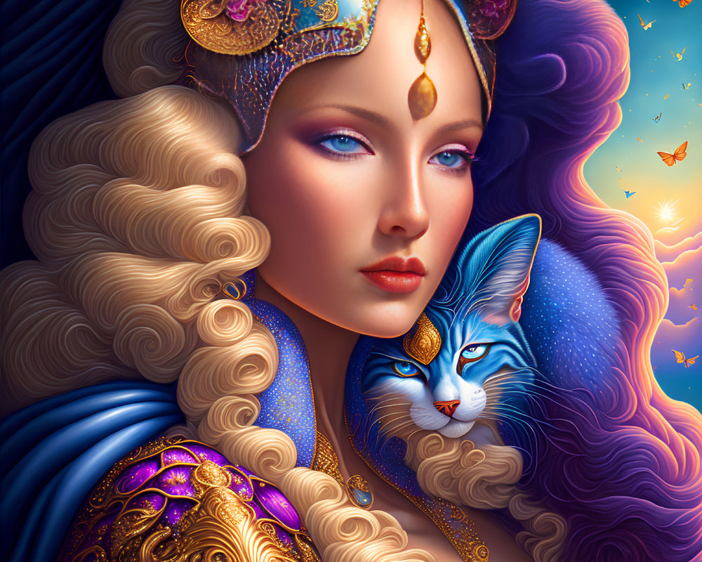 Illustrated woman in golden and blue attire with mystical blue cat