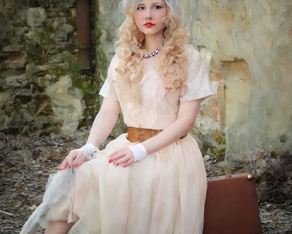 Vintage Woman in Veil and Gloves Sitting on Suitcase Against Rustic Wall