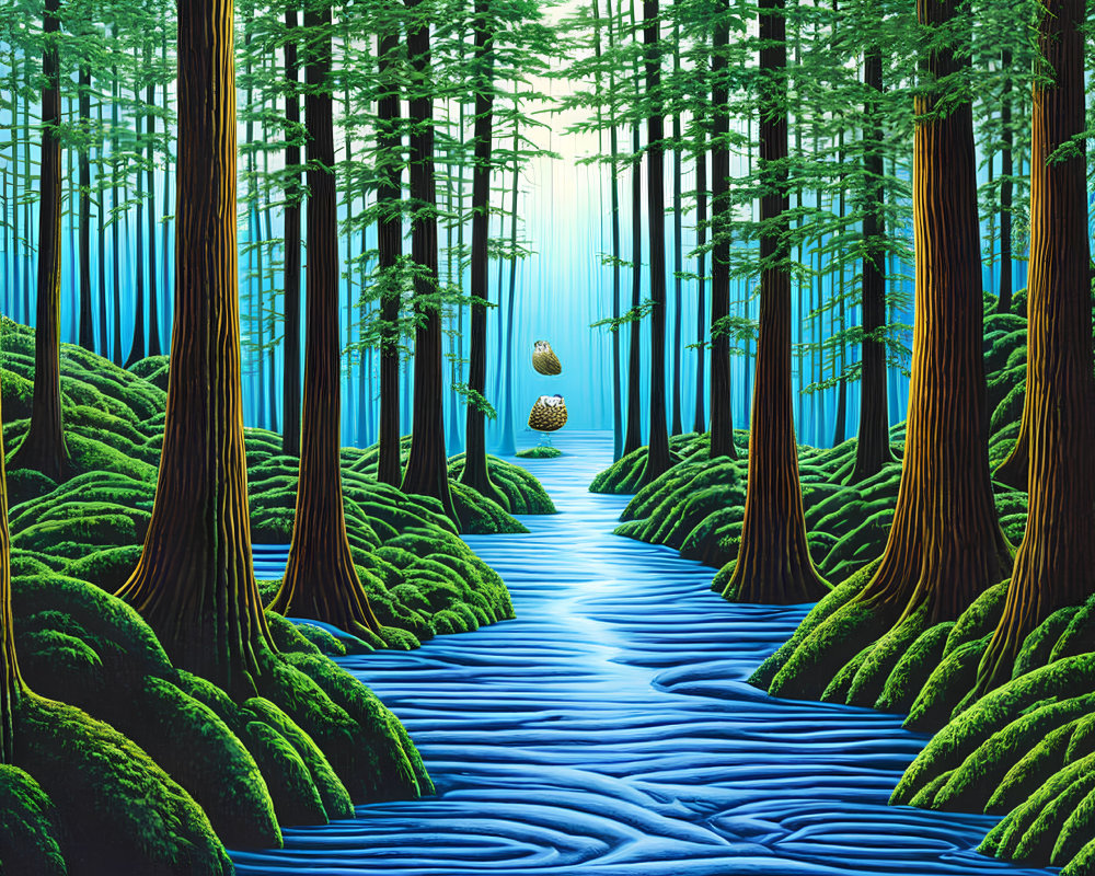 Lush forest painting with blue stream & green moss