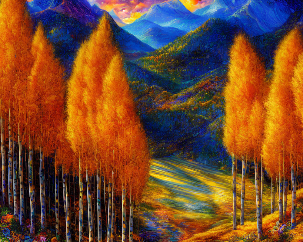 Scenic autumn landscape with golden foliage, thin trees, underbrush, and distant mountains at sunset.