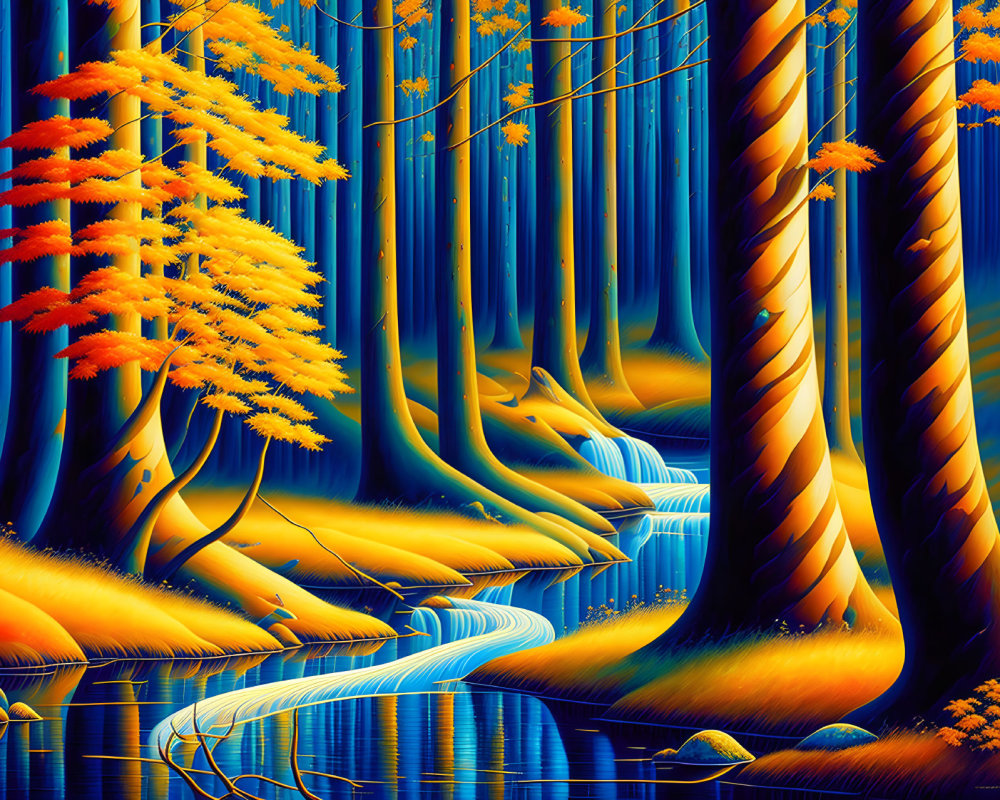 Mystic forest digital art: towering trees, winding river, autumn leaves, vivid colors