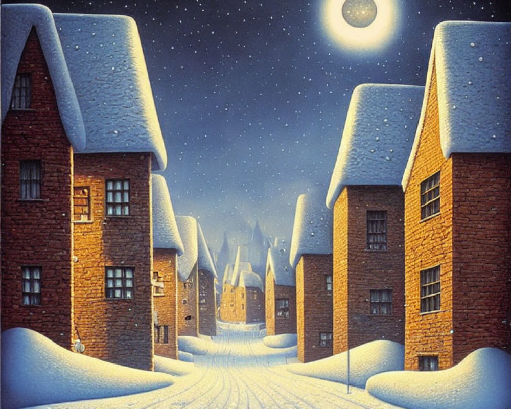 Winter scene: snow-covered street and houses under starry night sky