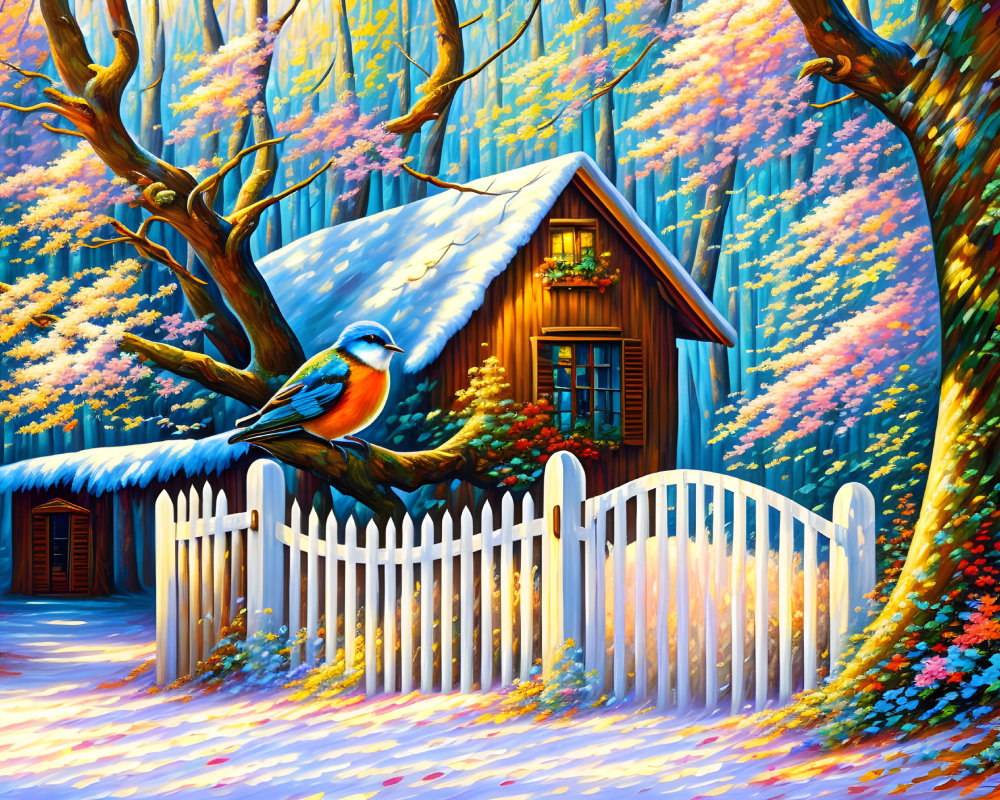 Colorful Cottage Scene with Snow-Covered Roof & Blooming Trees