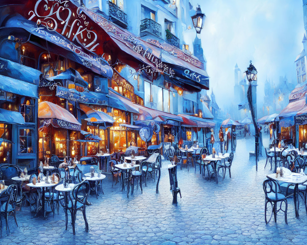 Quaint Outdoor Cafes on Cobblestone Street at Twilight